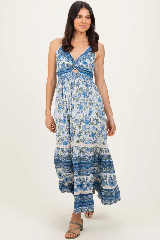 Blue Floral Twist Cutout Maxi Dress sold by Pinkblush