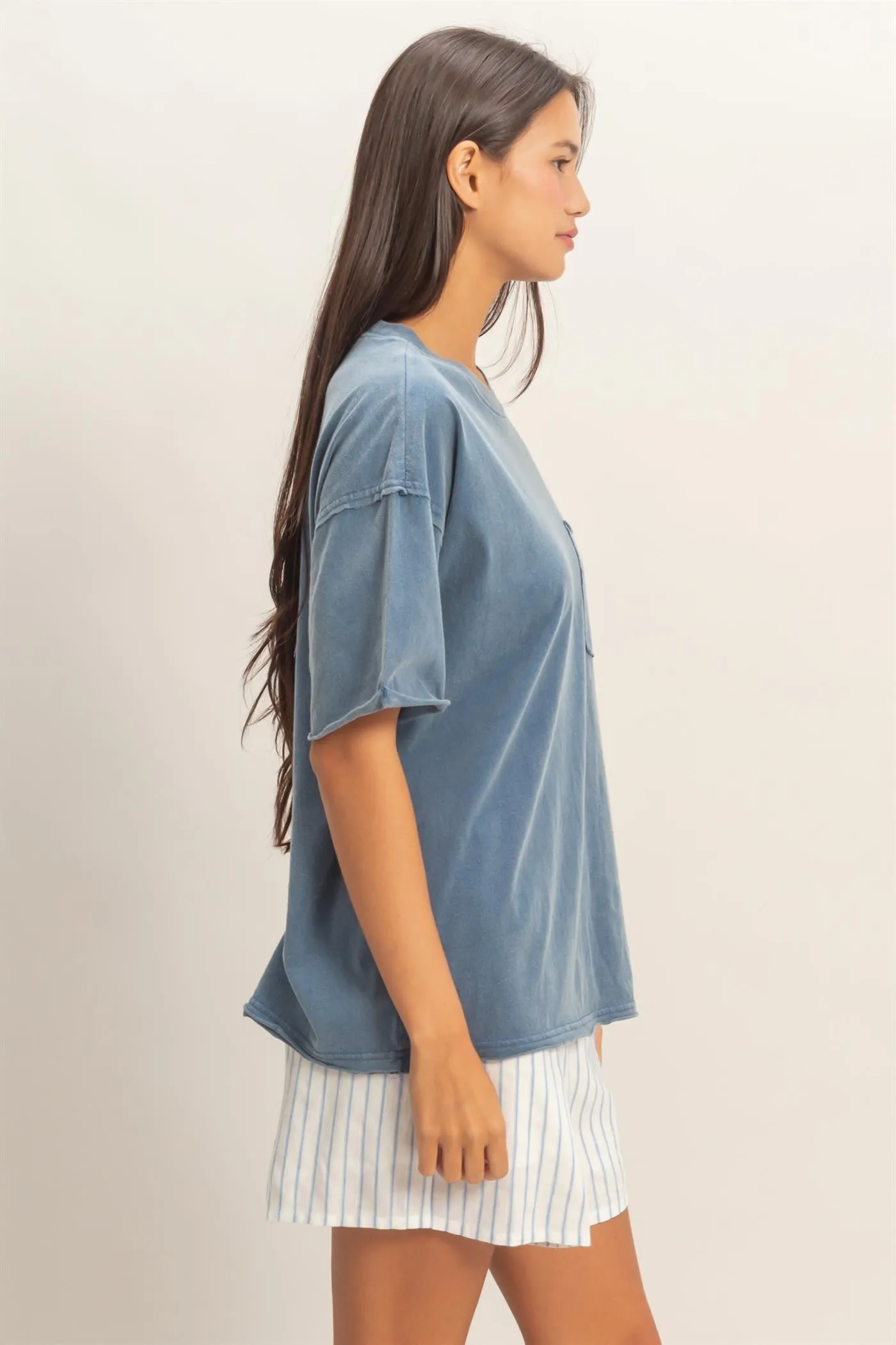Light Navy Vintage Wash Raw Edge Pocket T-Shirt sold by Pinkblush product image thumbnail 2
