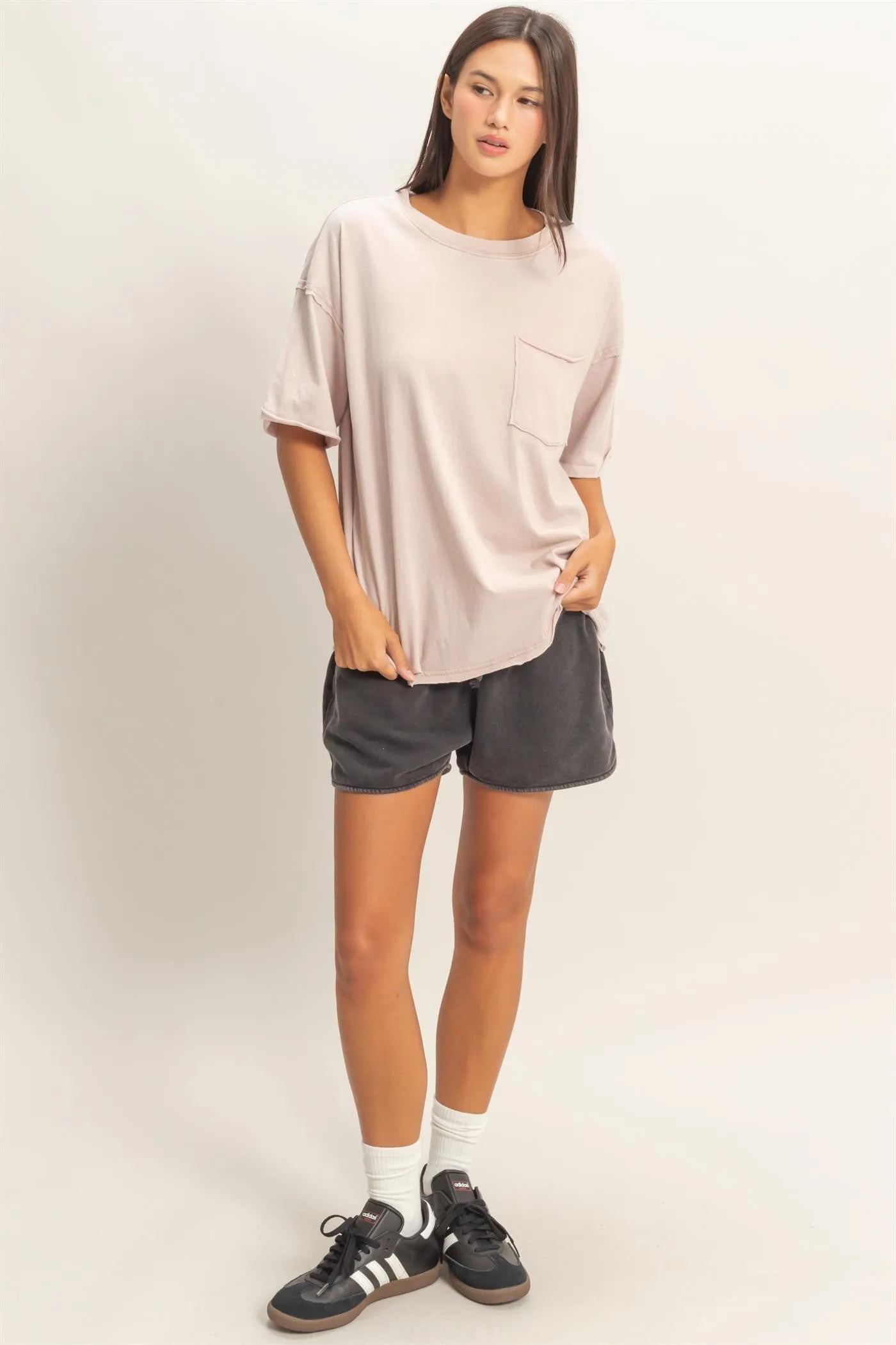 Light Taupe Vintage Wash Raw Edge Pocket T-Shirt sold by Pinkblush product image thumbnail 4