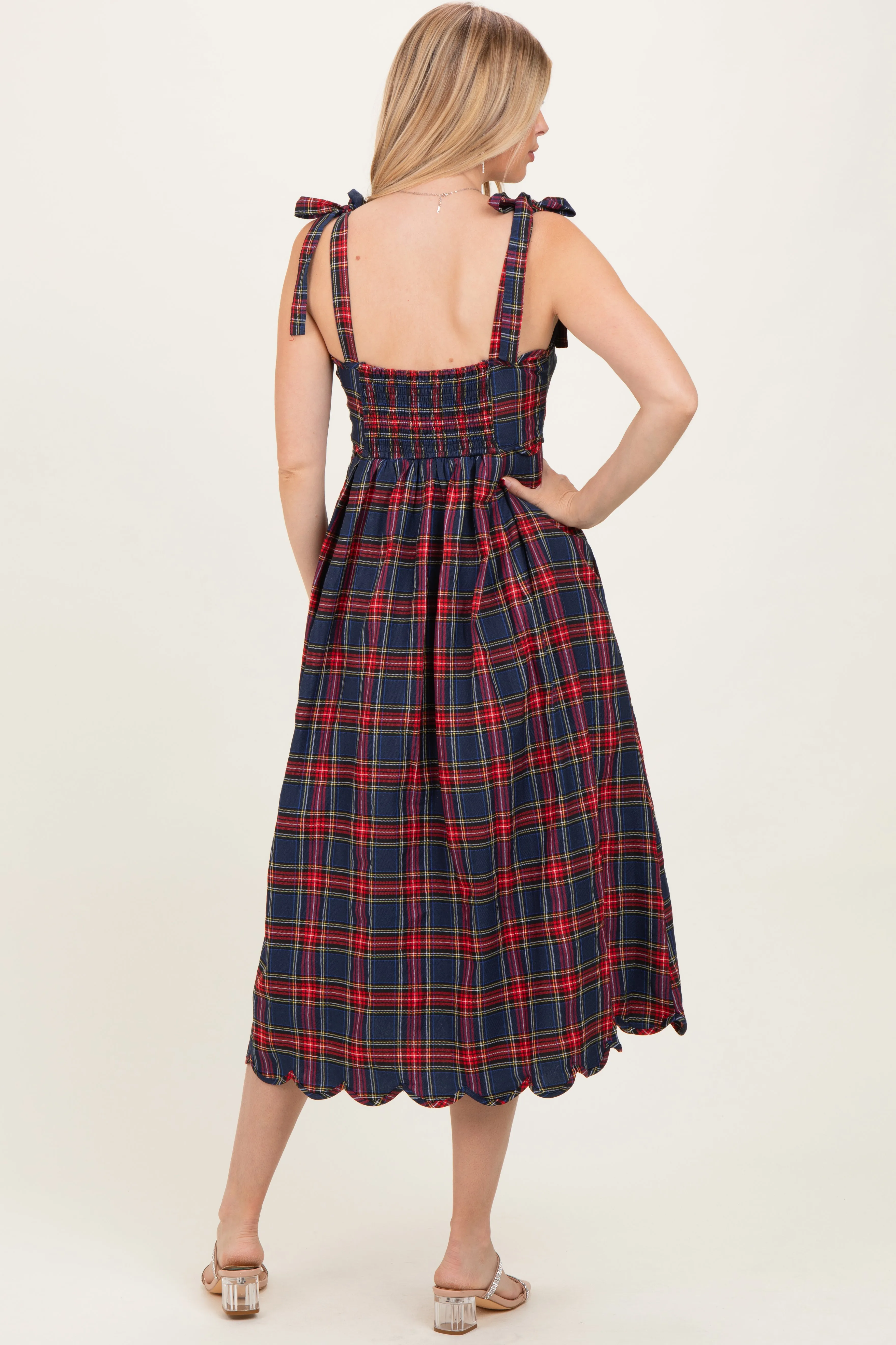 Navy Plaid Shoulder Tie Scallop Hem Midi Dress sold by Pinkblush product image thumbnail 4