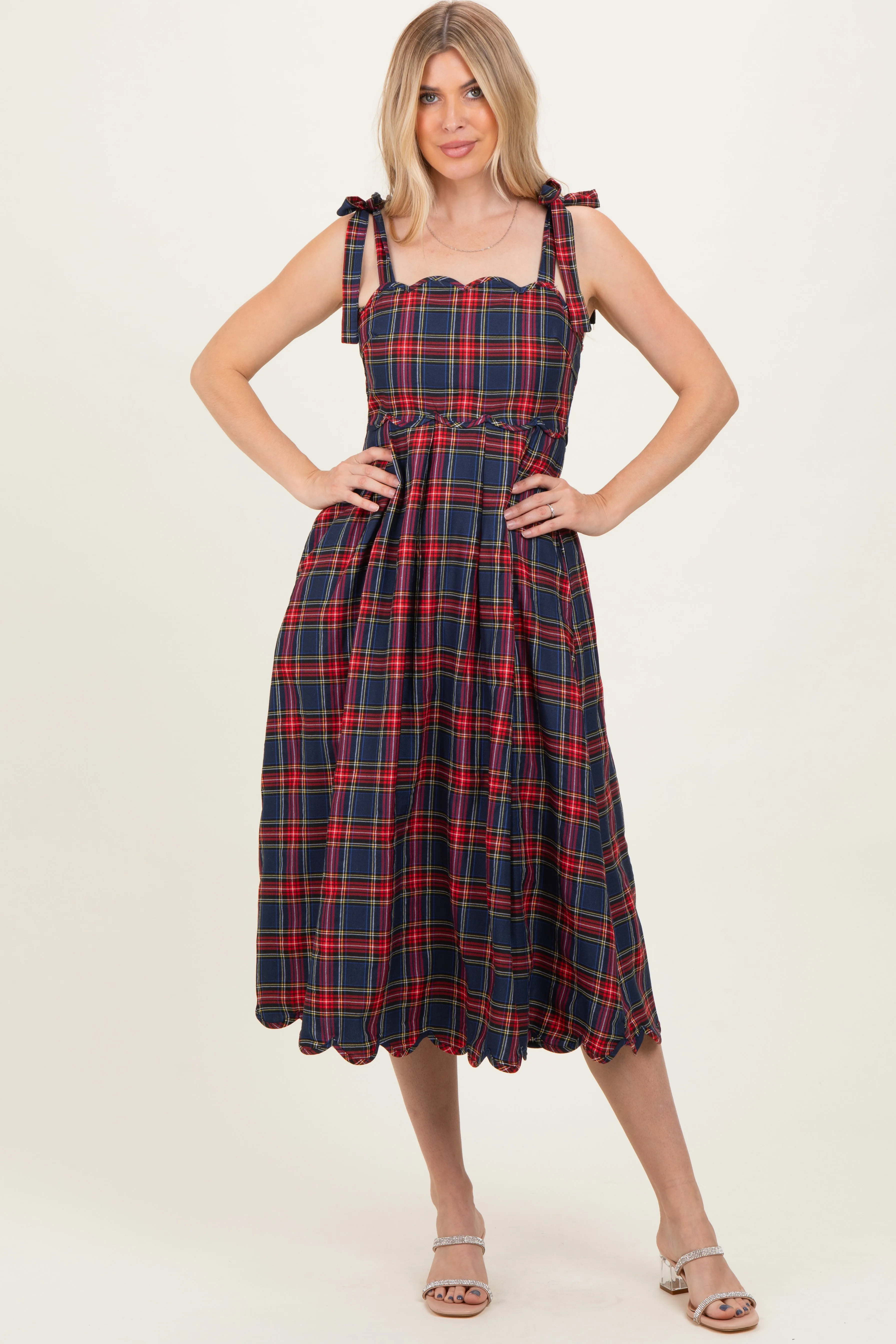 Navy Plaid Shoulder Tie Scallop Hem Midi Dress sold by Pinkblush