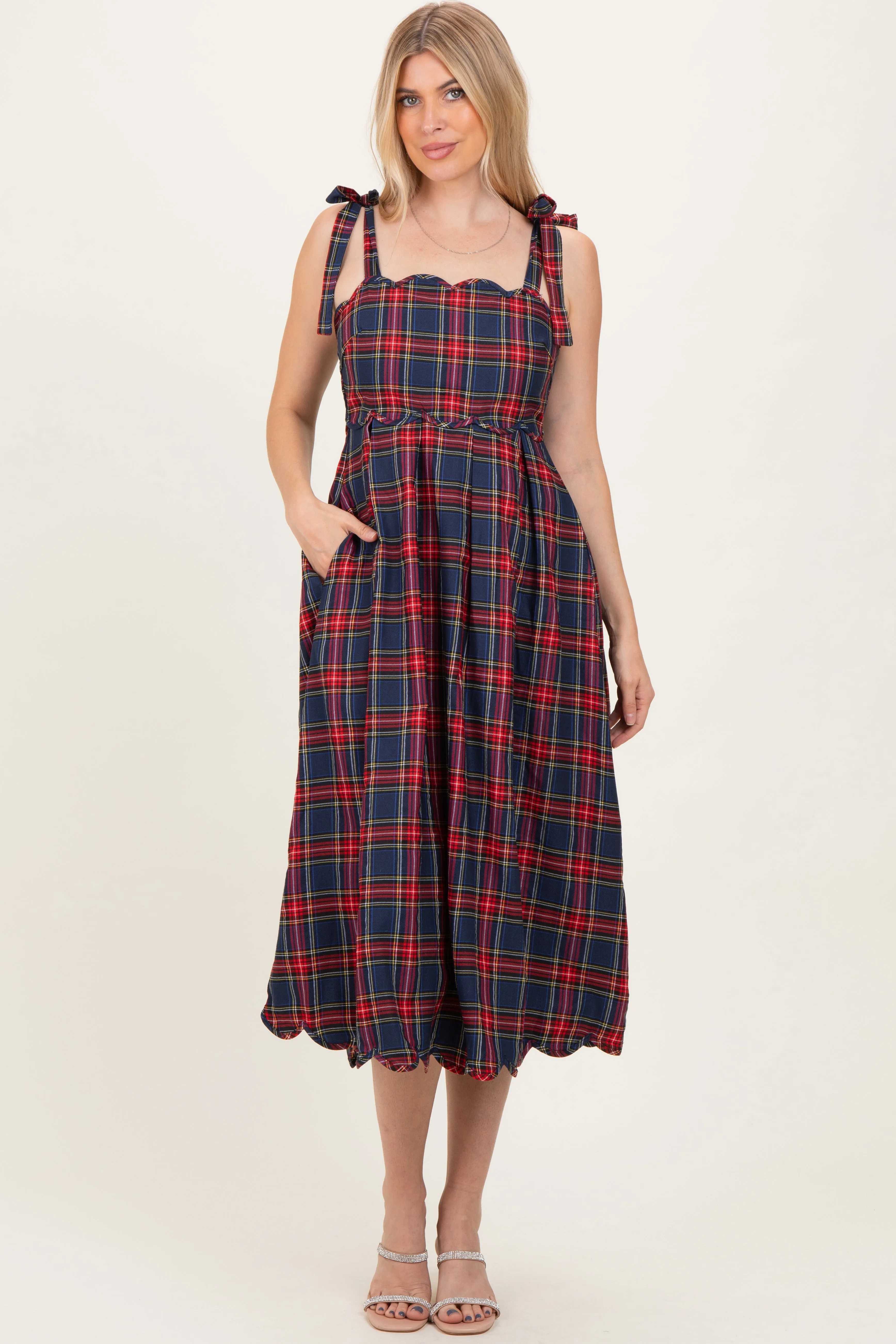 Navy Plaid Shoulder Tie Scallop Hem Midi Dress sold by Pinkblush product image thumbnail 2