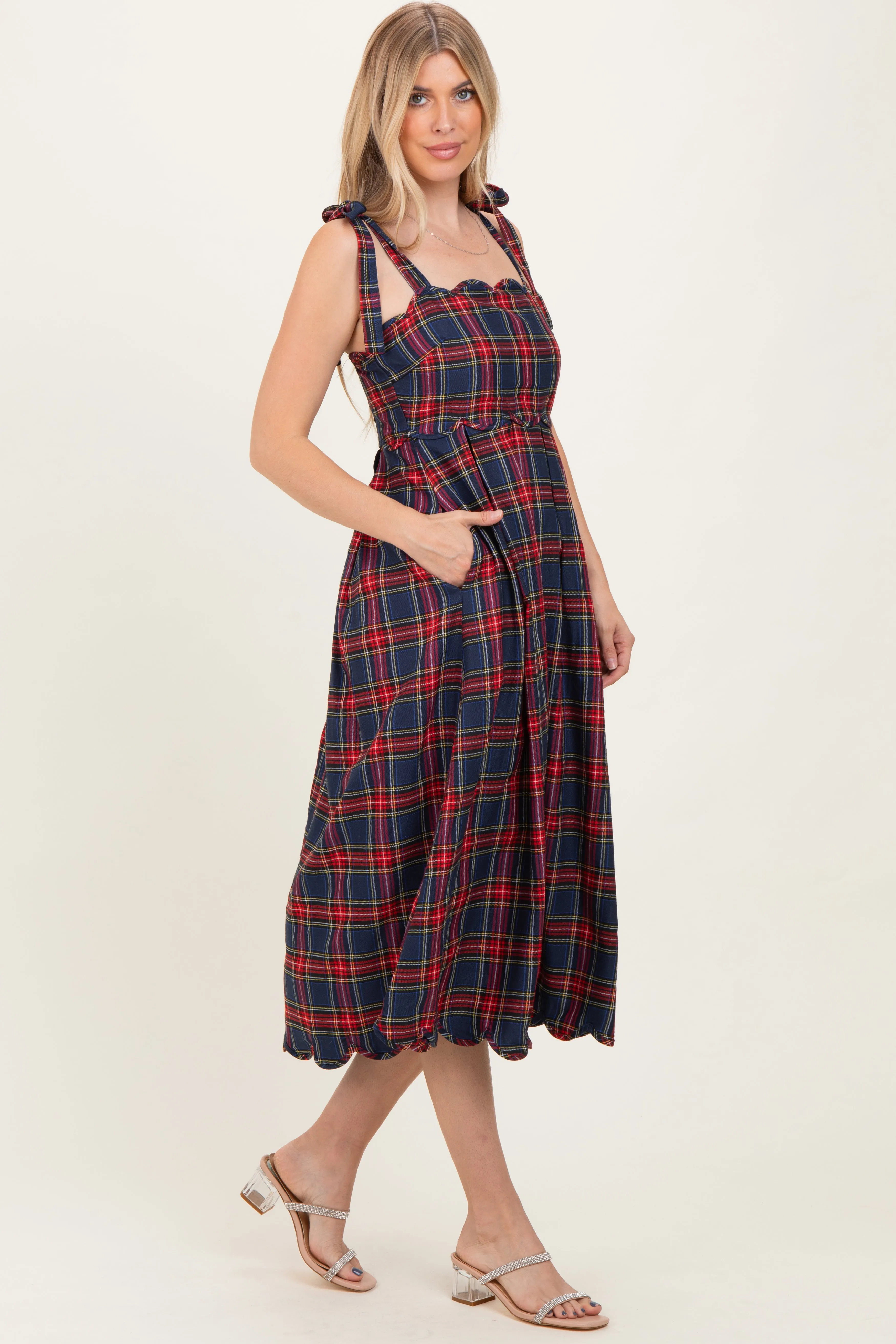 Navy Plaid Shoulder Tie Scallop Hem Midi Dress sold by Pinkblush product image thumbnail 3