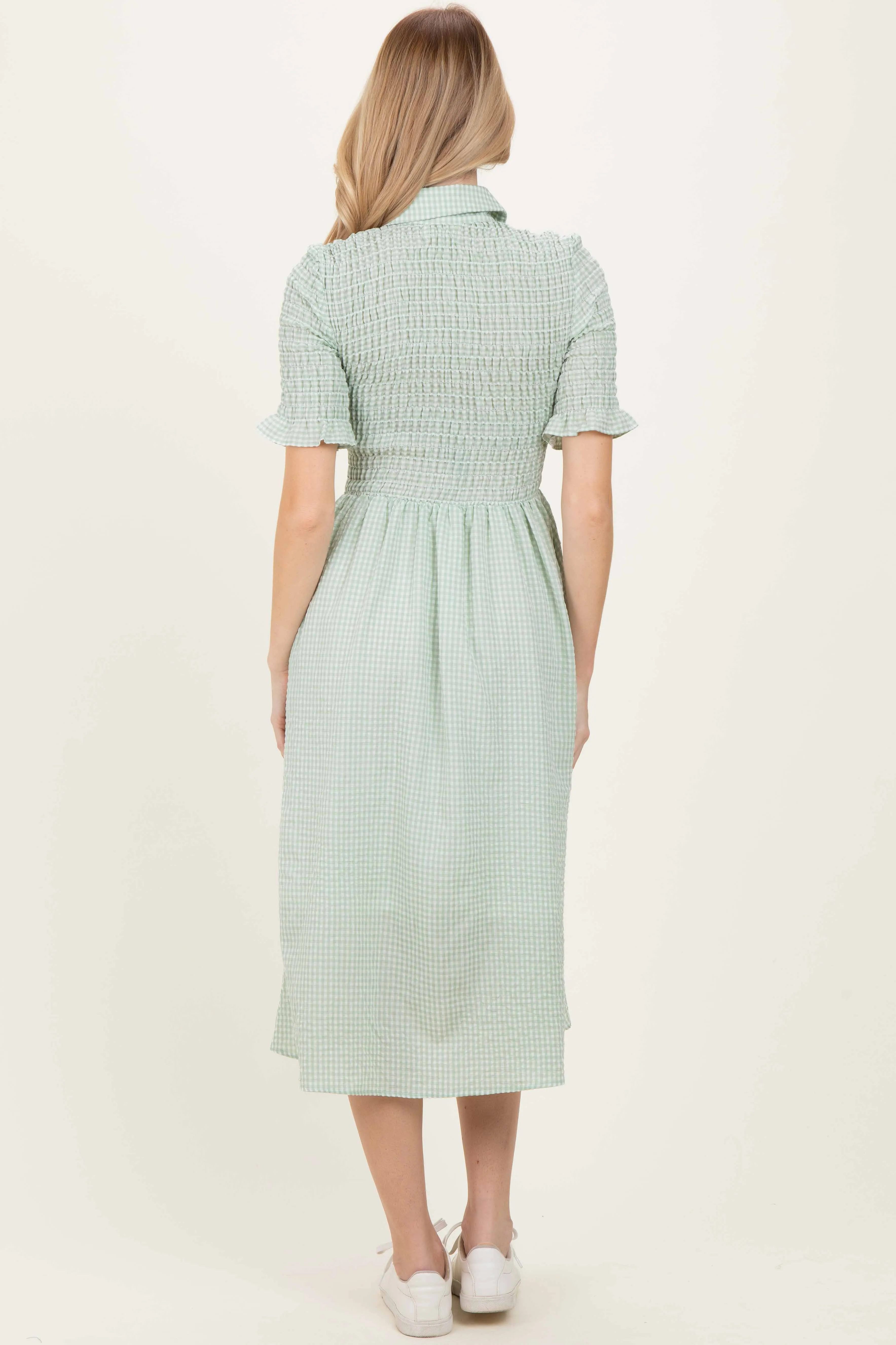 Sage Gingham Smocked Button Down Midi Dress sold by Pinkblush product image thumbnail 4