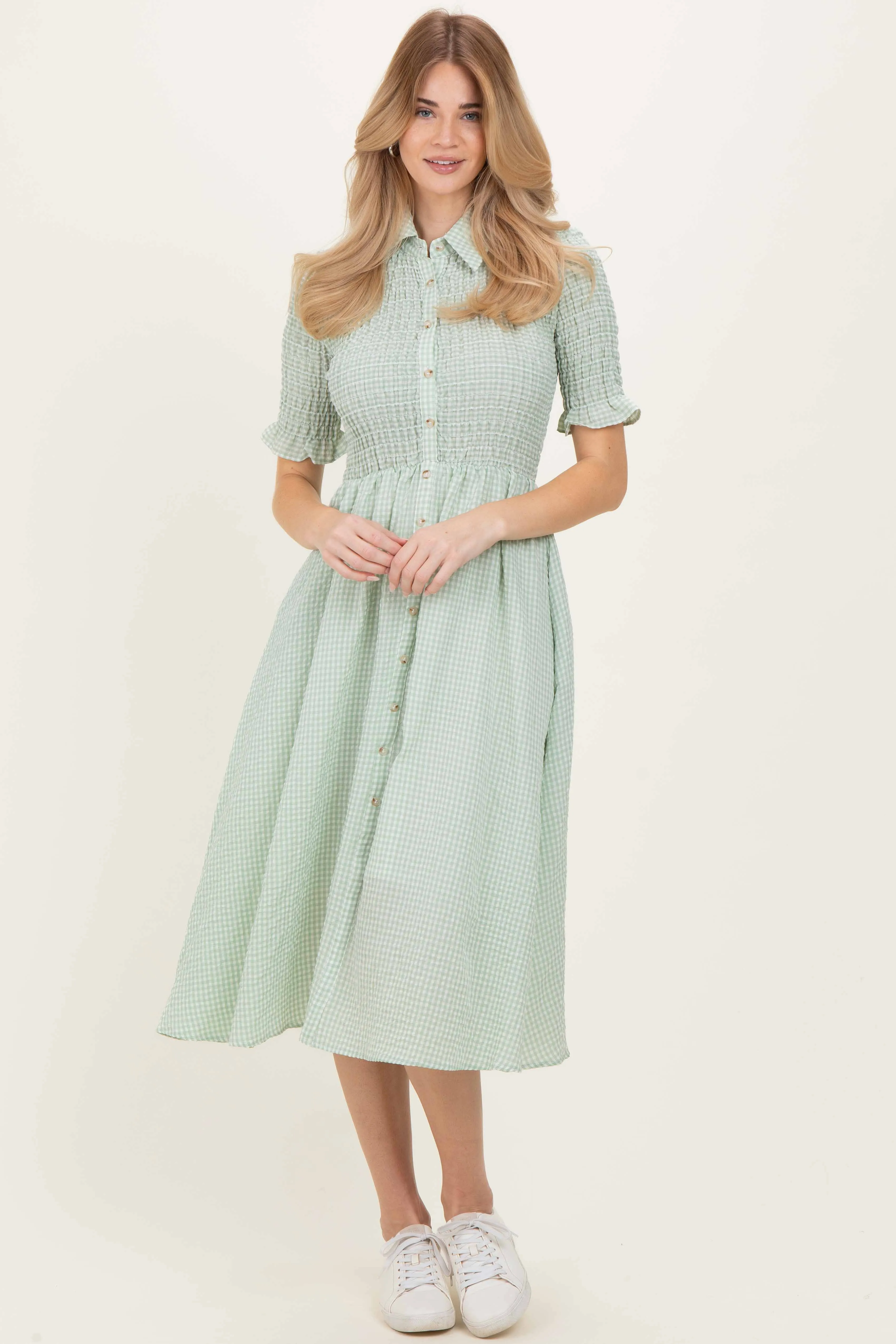 Sage Gingham Smocked Button Down Midi Dress sold by Pinkblush