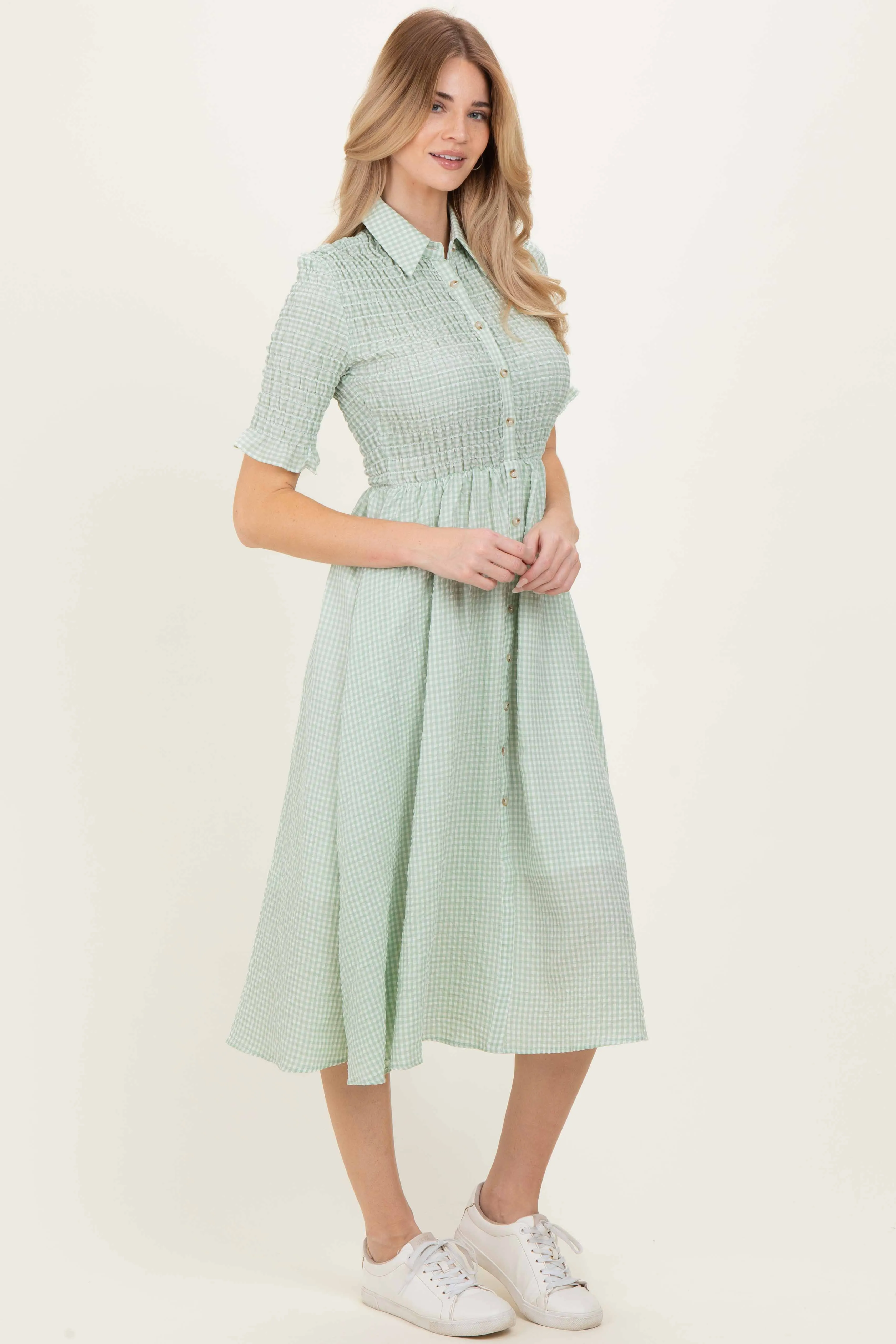 Sage Gingham Smocked Button Down Midi Dress sold by Pinkblush product image thumbnail 3