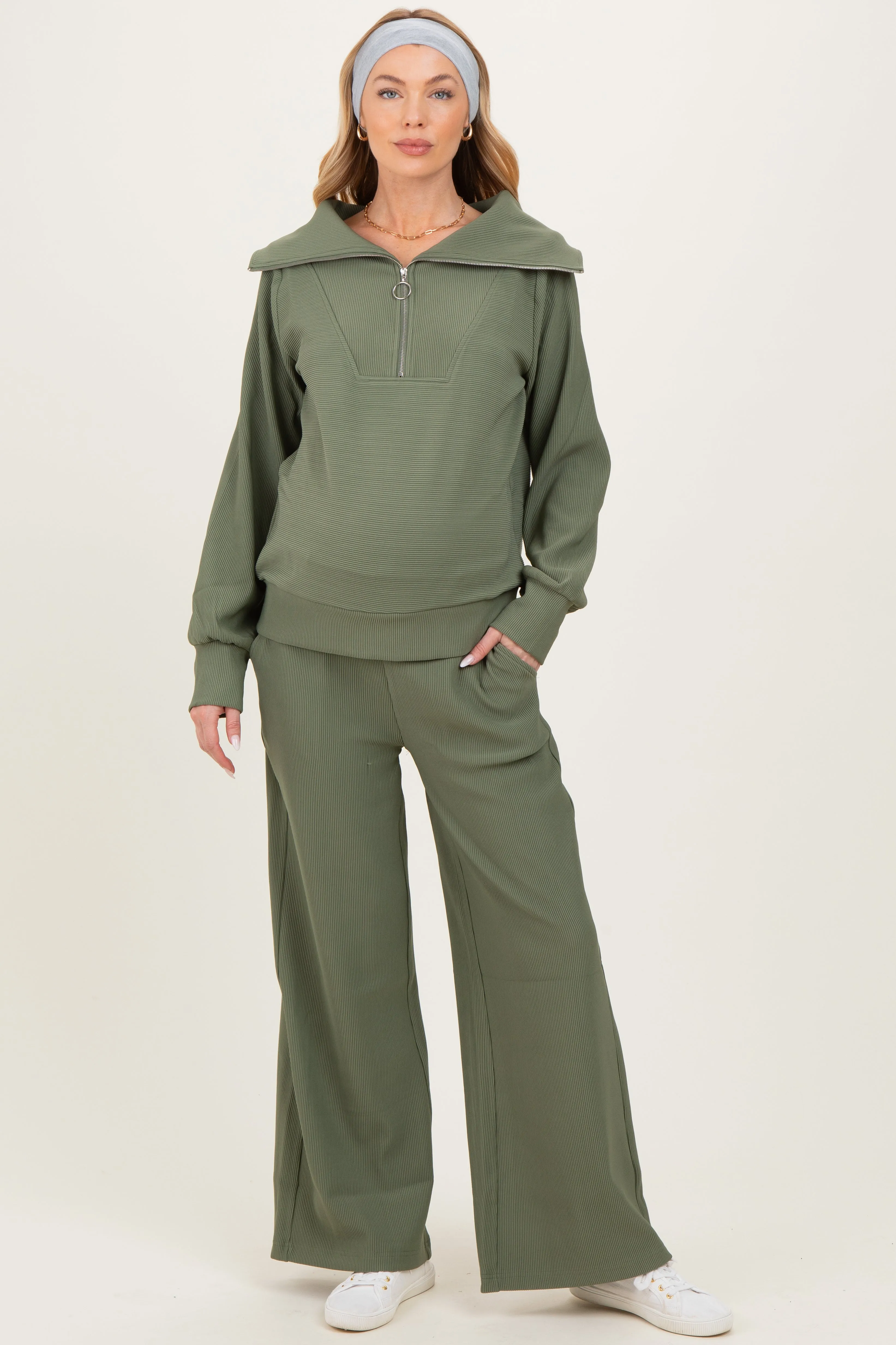 Light Olive Ribbed High Neck Half Zip Pullover Maternity Pant Set sold by Pinkblush