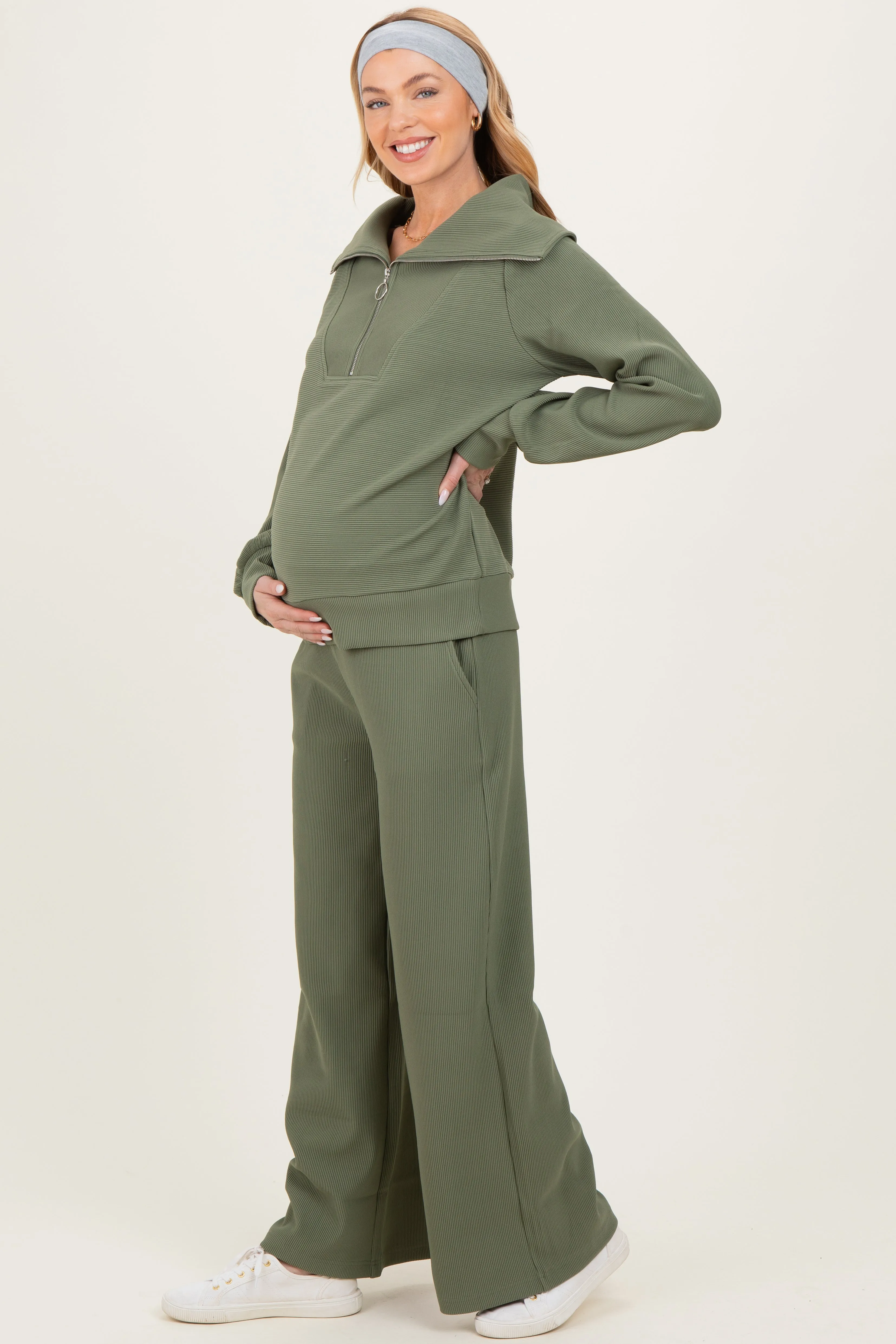 Light Olive Ribbed High Neck Half Zip Pullover Maternity Pant Set sold by Pinkblush product image thumbnail 2