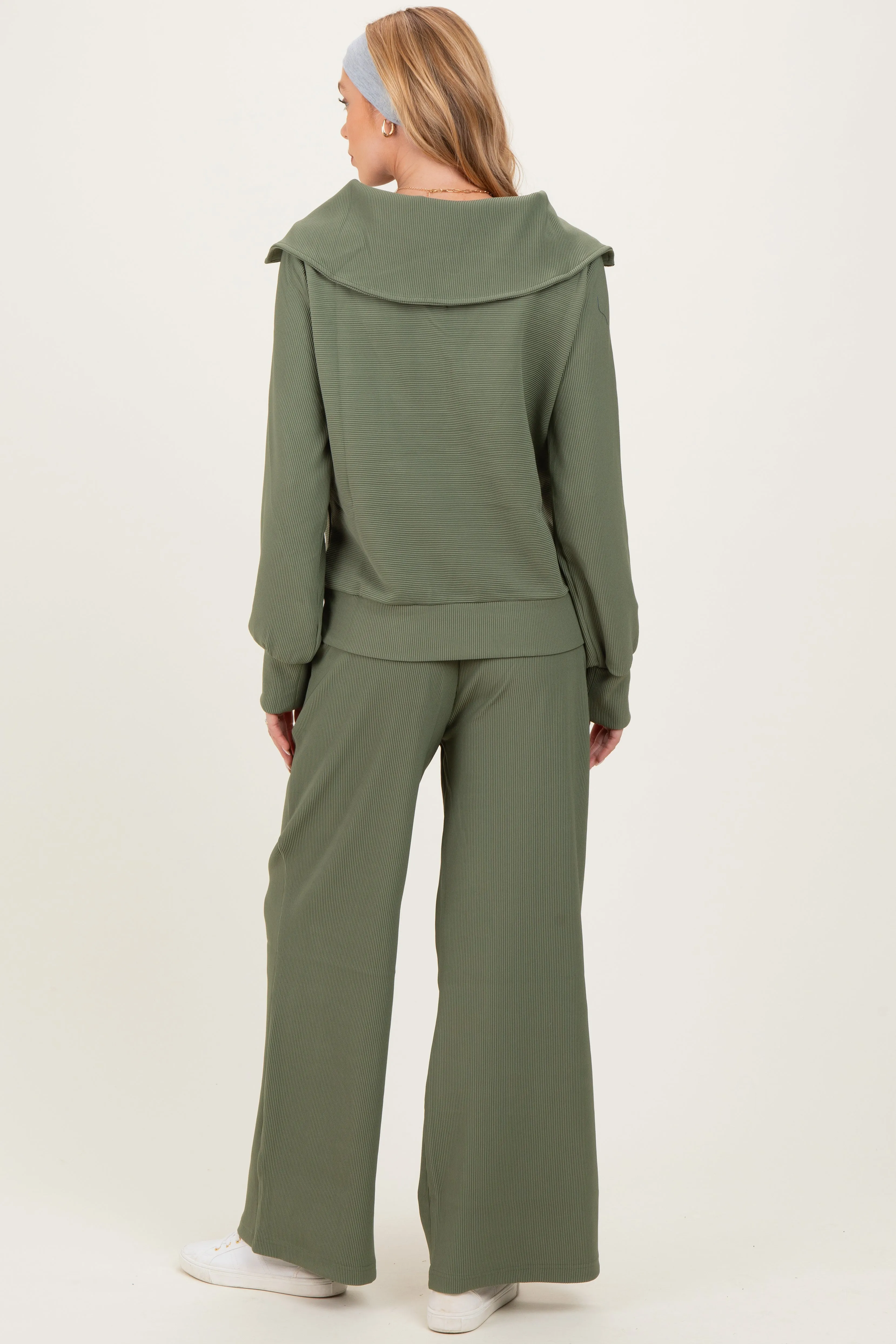 Light Olive Ribbed High Neck Half Zip Pullover Maternity Pant Set sold by Pinkblush product image thumbnail 3