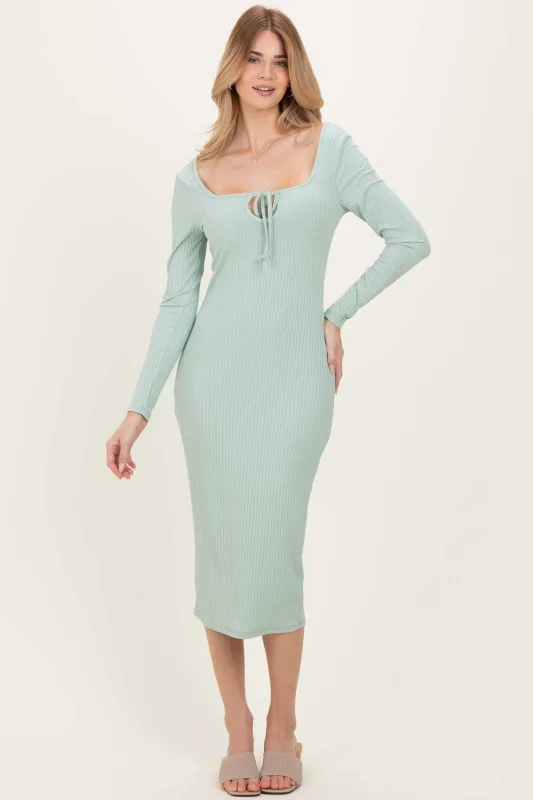 Sage Ribbed Long Sleeve Squareneck Fitted Midi Dress sold by Pinkblush