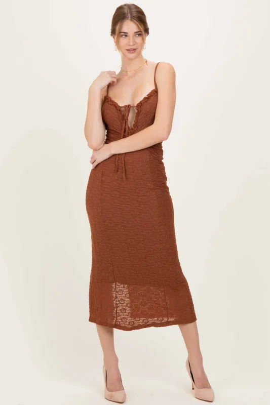 Brown Lace Cutout Tie Front Maxi Dress sold by Pinkblush