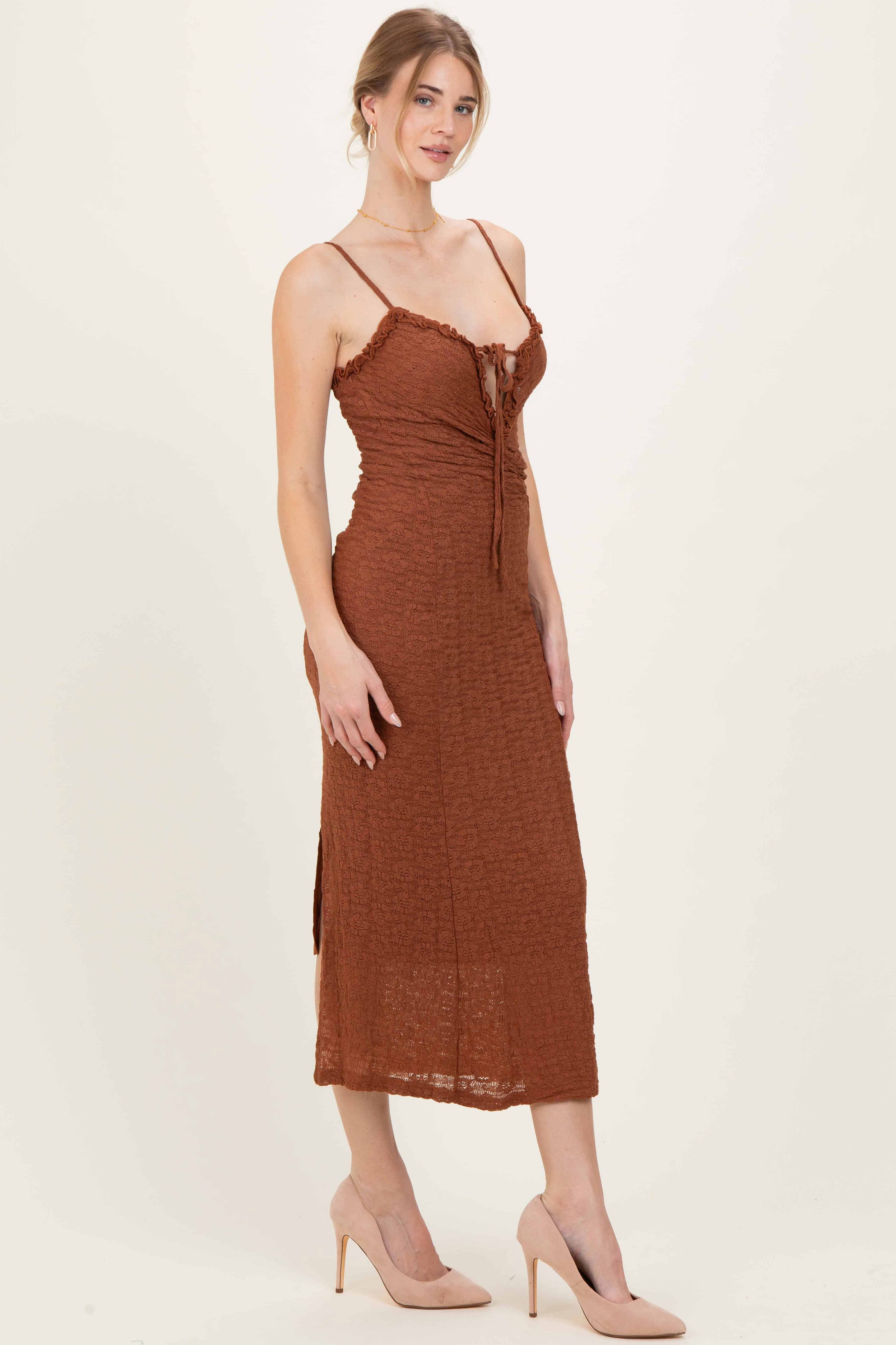Brown Lace Cutout Tie Front Maxi Dress sold by Pinkblush product image thumbnail 3
