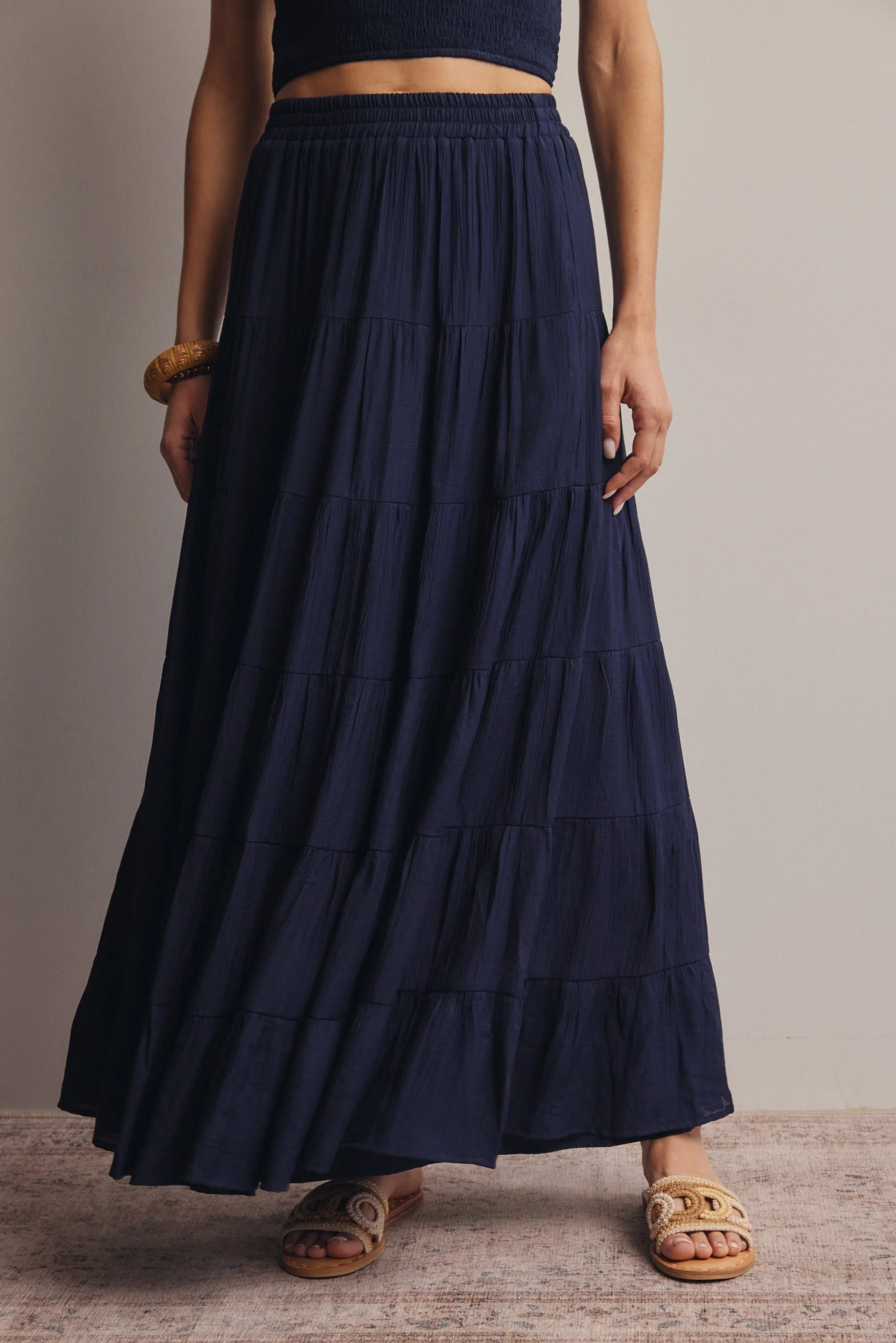 Navy Tiered Maxi Skirt sold by Pinkblush