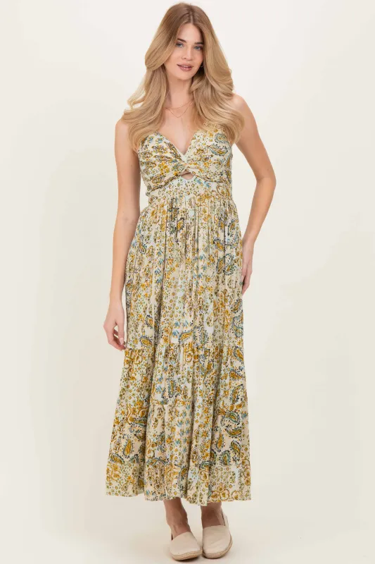 Beige Paisley Floral Twisted Front Maxi Dress sold by Pinkblush