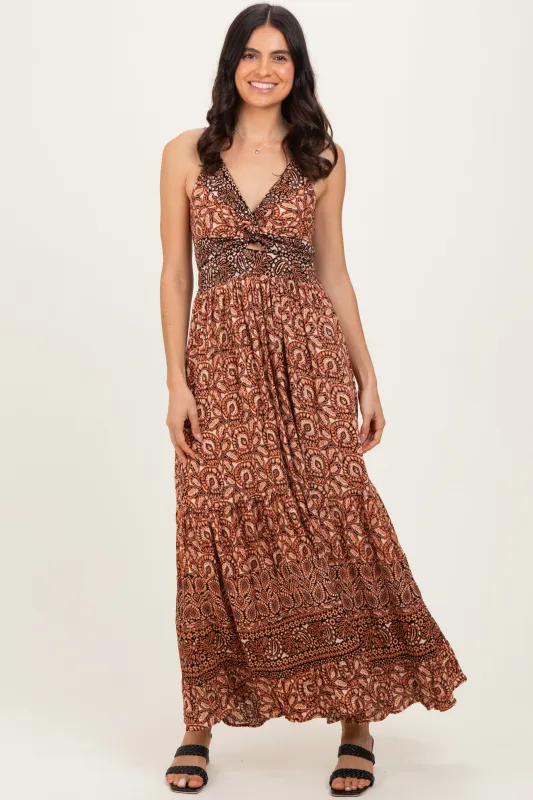 Rust Printed Twisted Front Maxi Dress sold by Pinkblush
