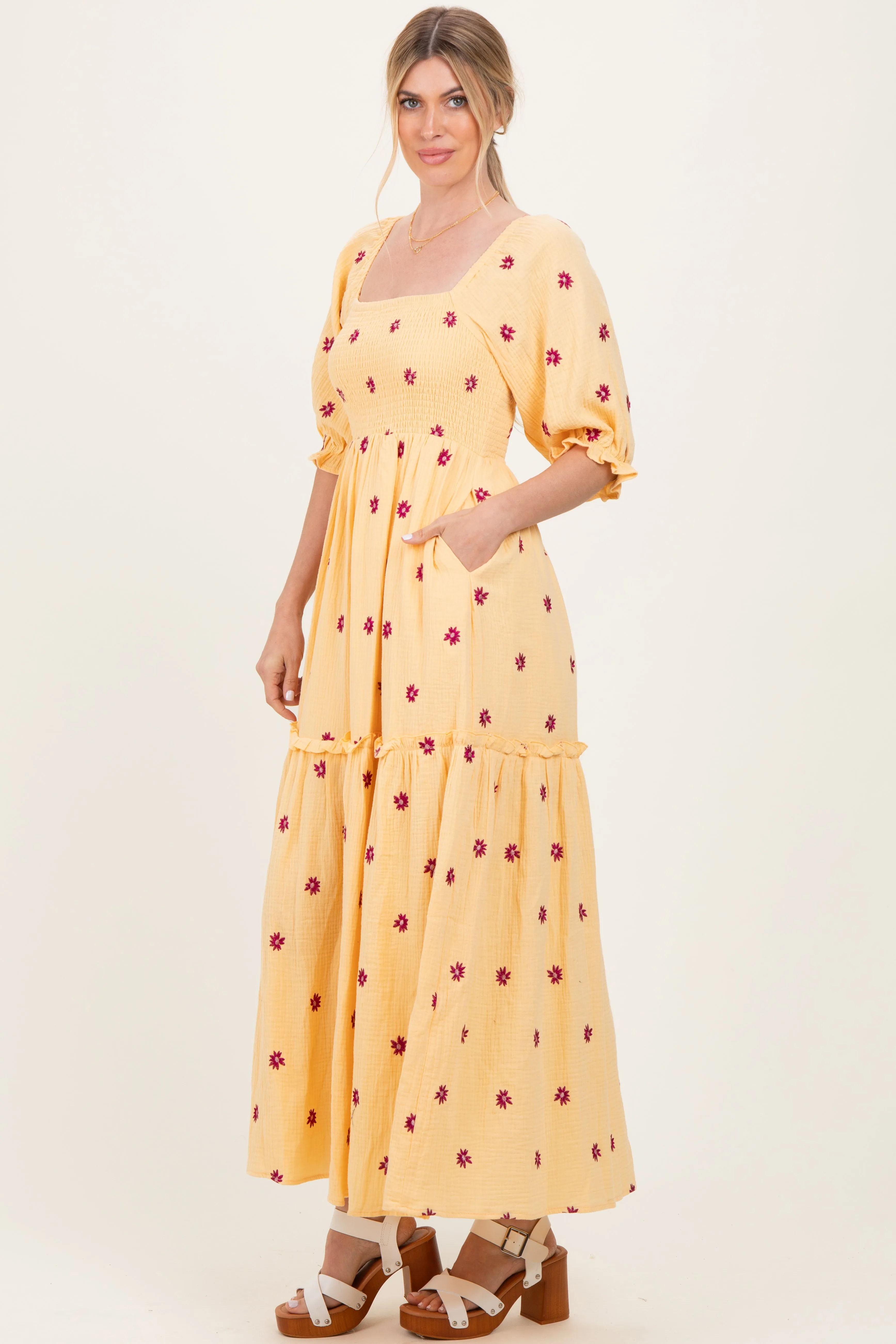 Yellow Floral Smocked Puff Sleeve Maxi Dress sold by Pinkblush product image thumbnail 3