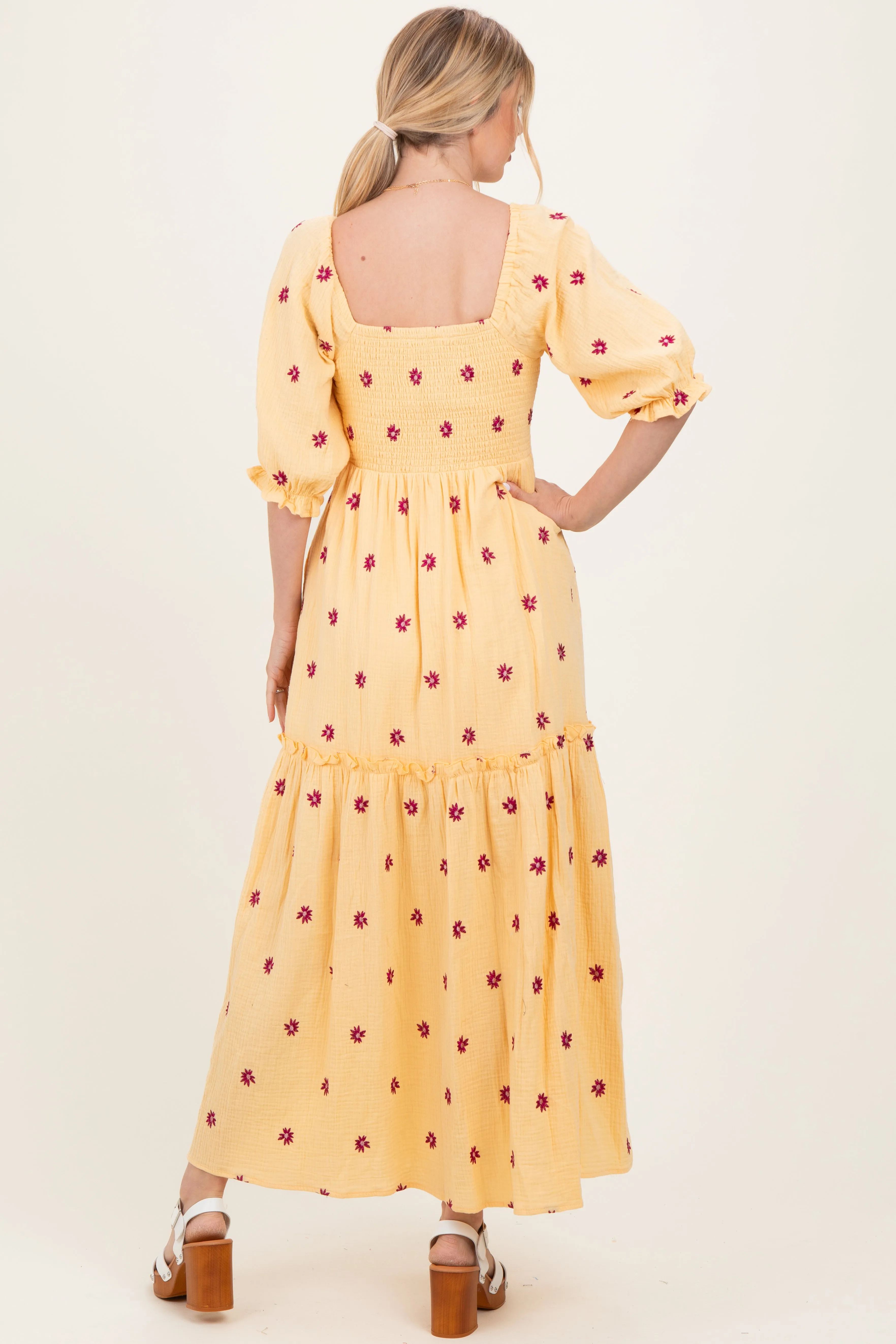 Yellow Floral Smocked Puff Sleeve Maxi Dress sold by Pinkblush product image thumbnail 4