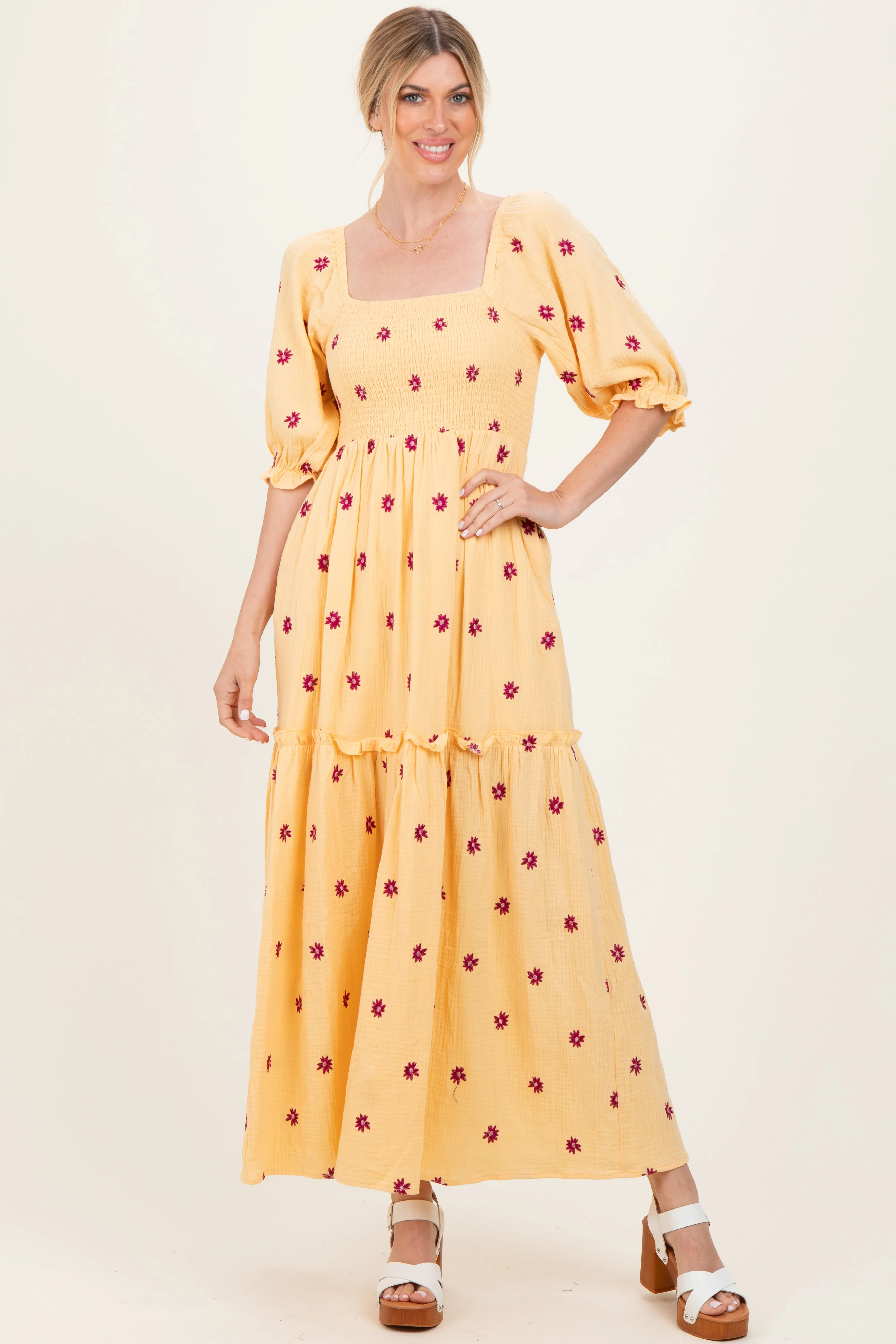Yellow Floral Smocked Puff Sleeve Maxi Dress sold by Pinkblush