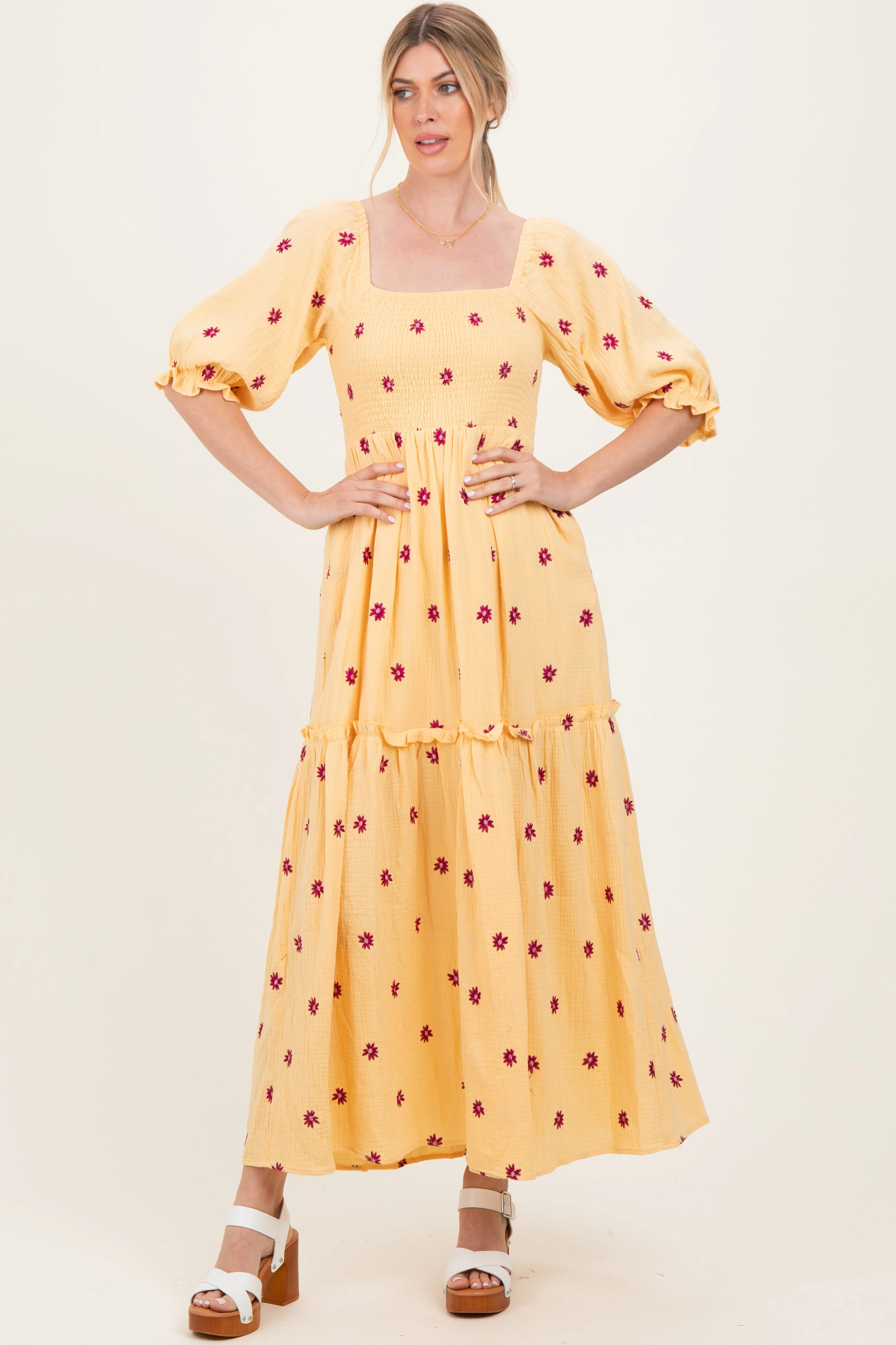 Yellow Floral Smocked Puff Sleeve Maxi Dress sold by Pinkblush product image thumbnail 2
