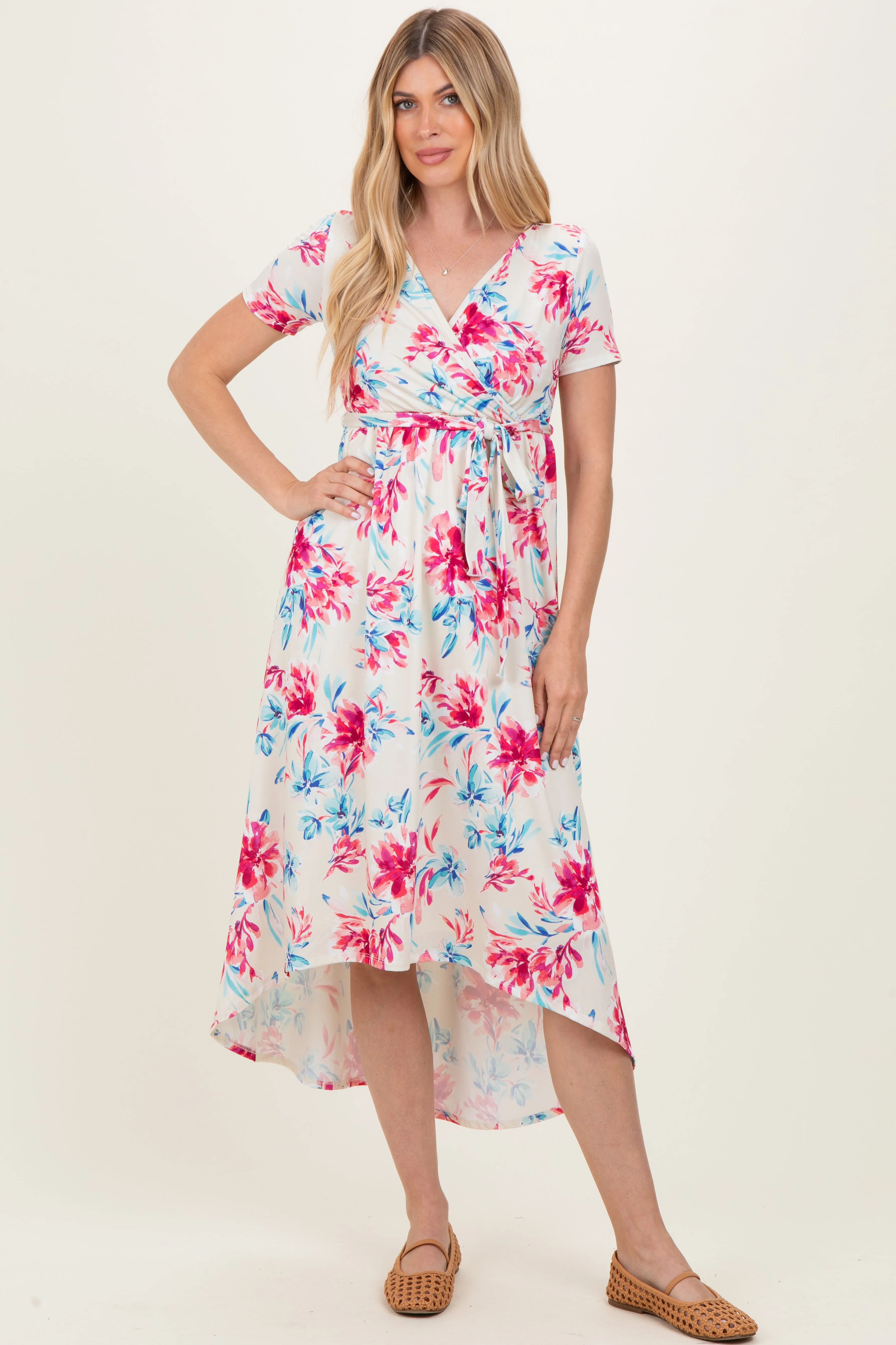 Taupe Floral Print Short Sleeve Hi-Low Maternity Wrap Dress sold by Pinkblush product image thumbnail 5