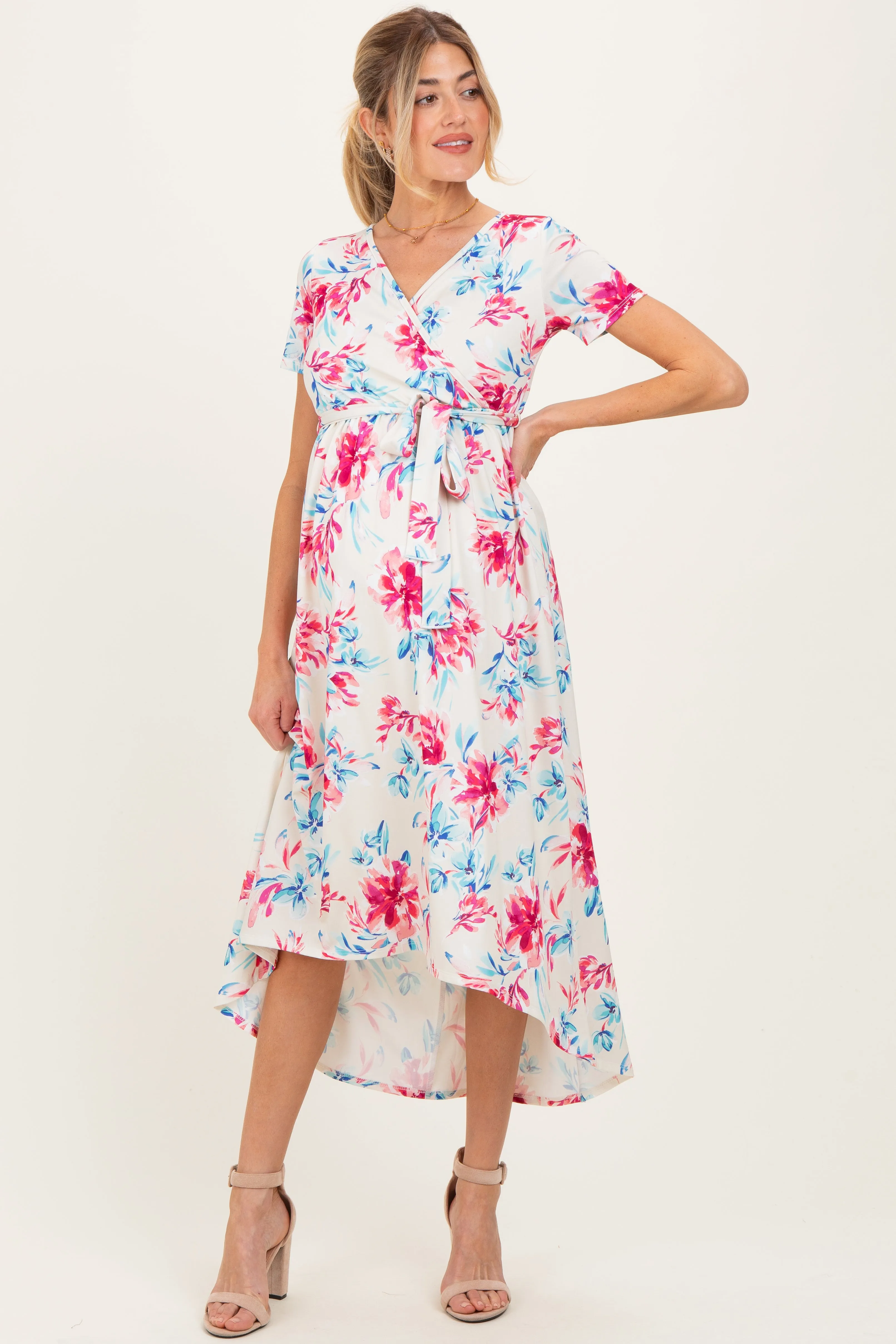 Taupe Floral Print Short Sleeve Hi-Low Maternity Wrap Dress sold by Pinkblush product image thumbnail 2