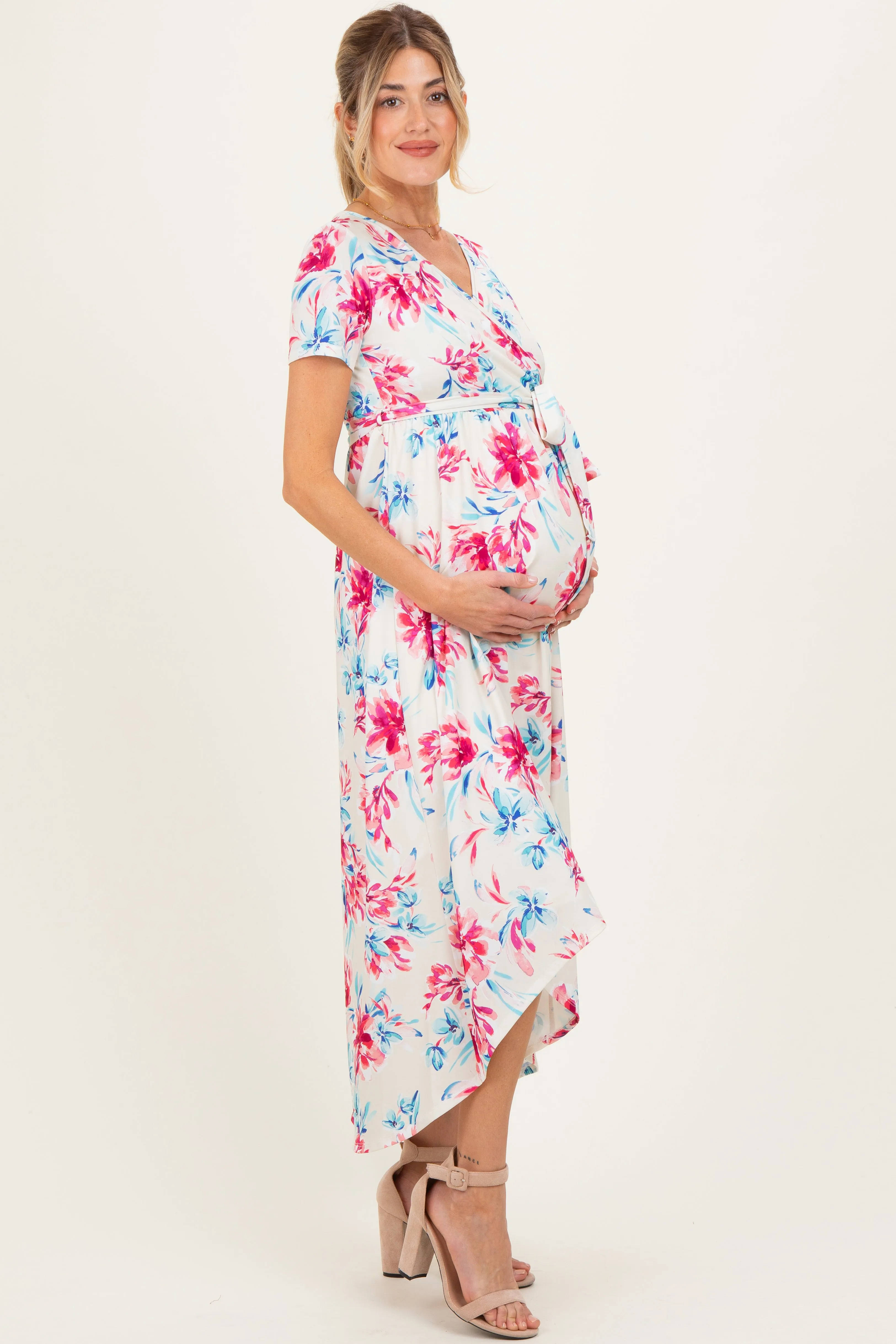 Taupe Floral Print Short Sleeve Hi-Low Maternity Wrap Dress sold by Pinkblush product image thumbnail 3