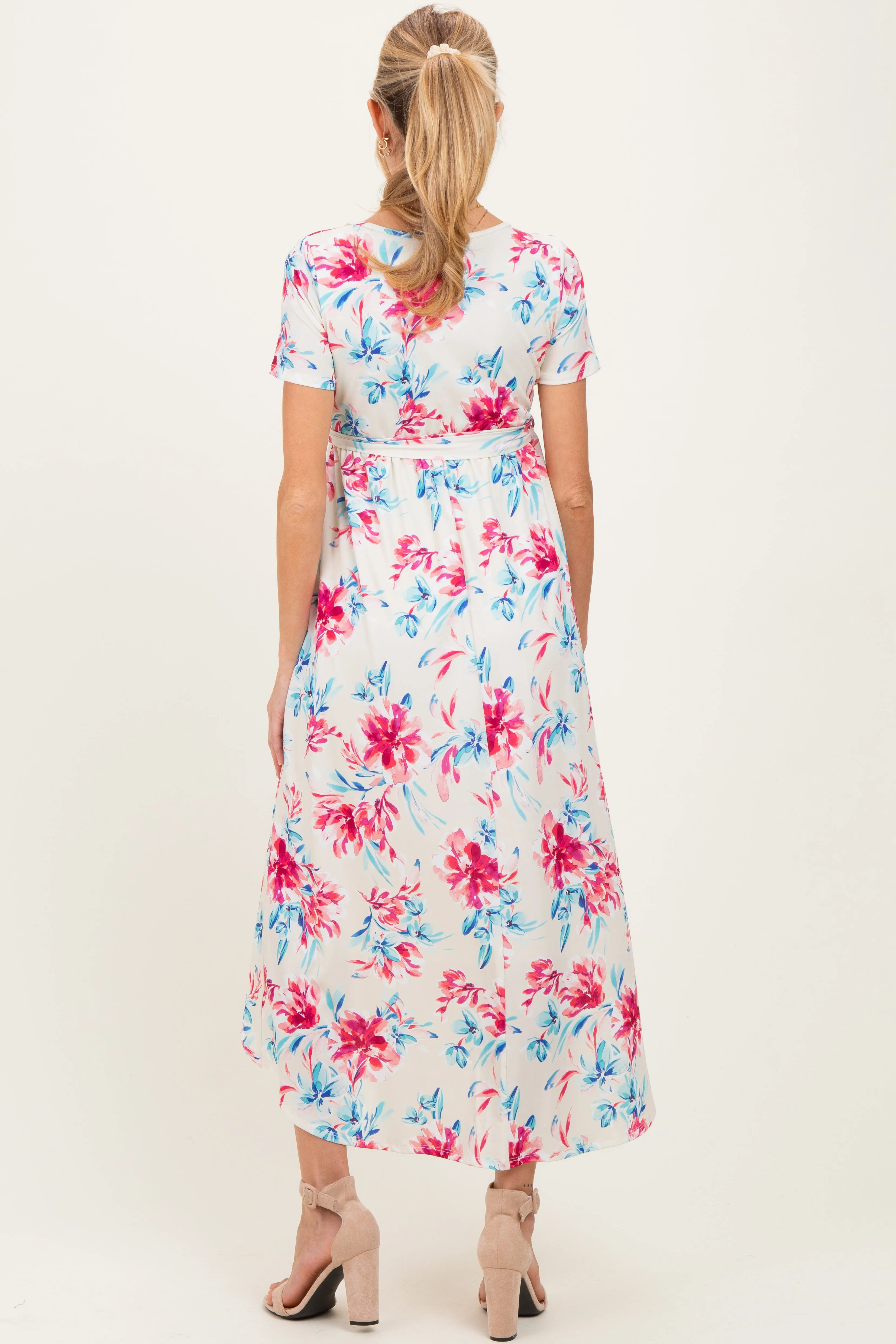 Taupe Floral Print Short Sleeve Hi-Low Maternity Wrap Dress sold by Pinkblush product image thumbnail 4