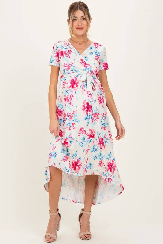 Taupe Floral Print Short Sleeve Hi-Low Maternity Wrap Dress sold by Pinkblush