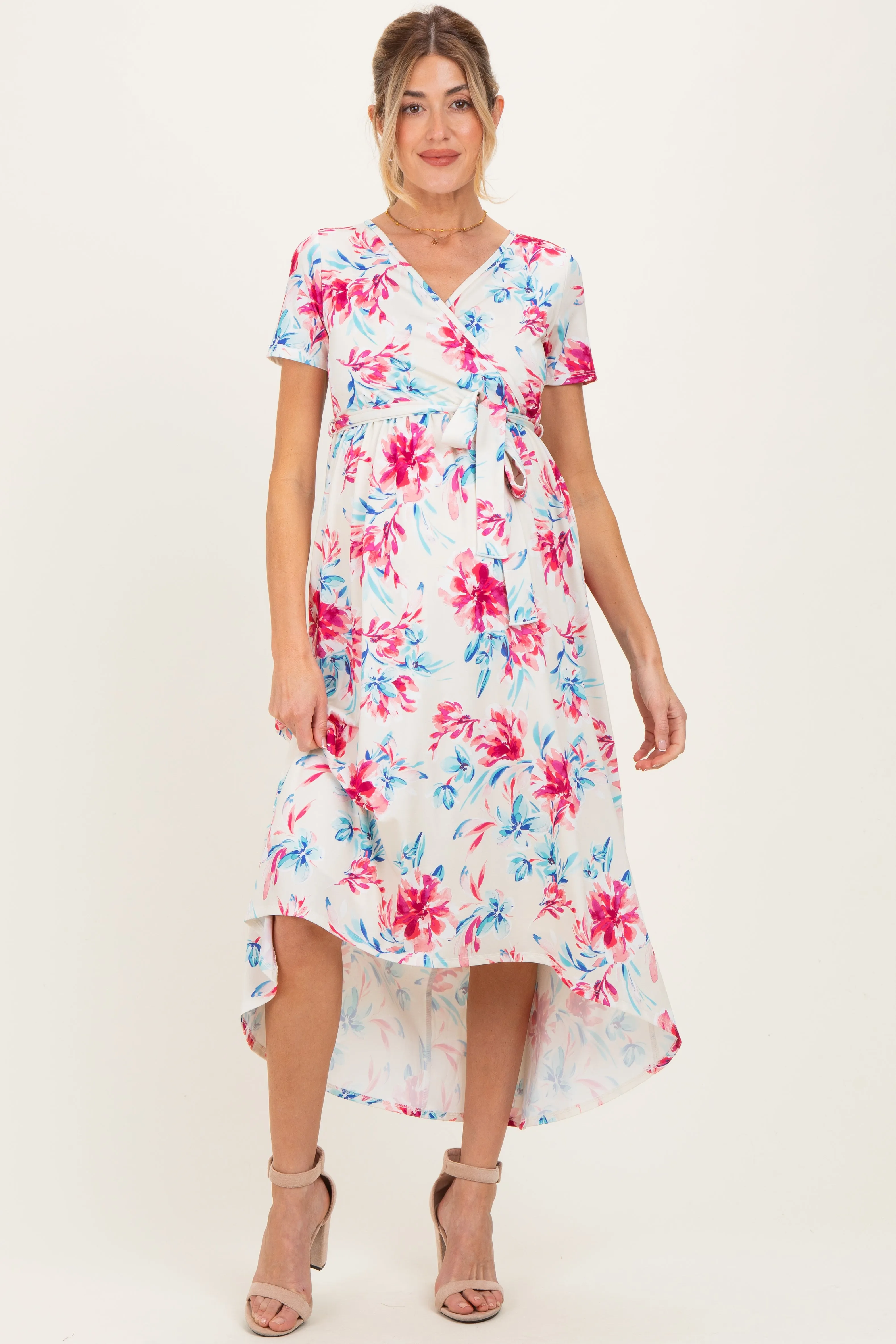 Taupe Floral Print Short Sleeve Hi-Low Maternity Wrap Dress sold by Pinkblush