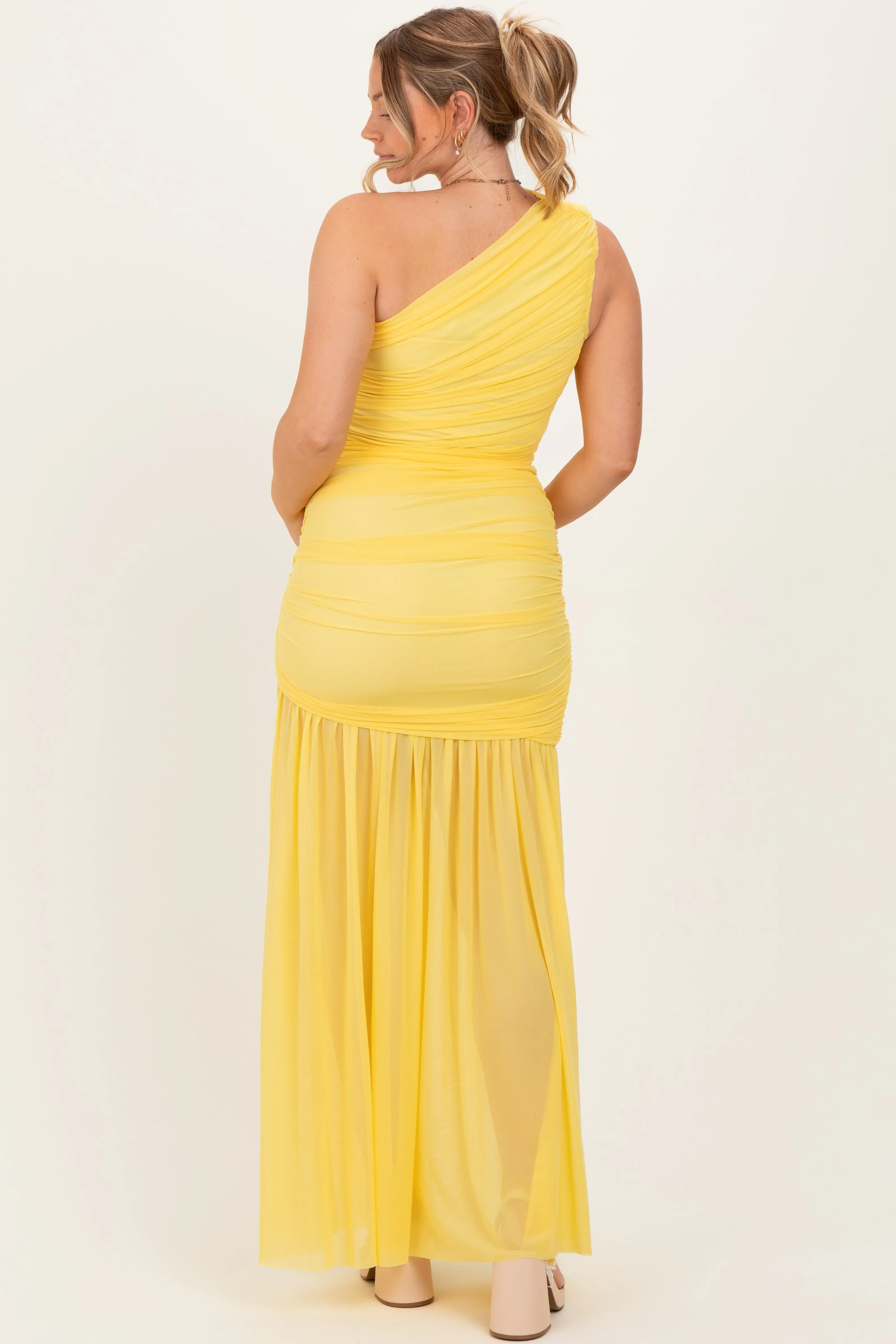 Lemon Ruched Mesh One Shoulder Maternity Maxi Dress sold by Pinkblush product image thumbnail 4