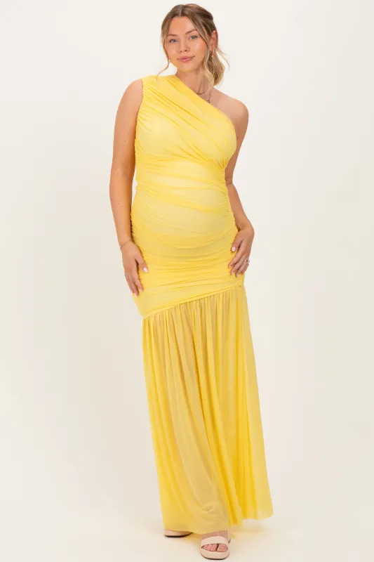 Lemon Ruched Mesh One Shoulder Maternity Maxi Dress sold by Pinkblush
