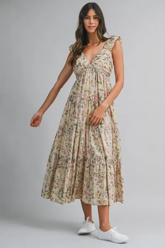Beige Floral V-Neck Tiered Midi Dress sold by Pinkblush