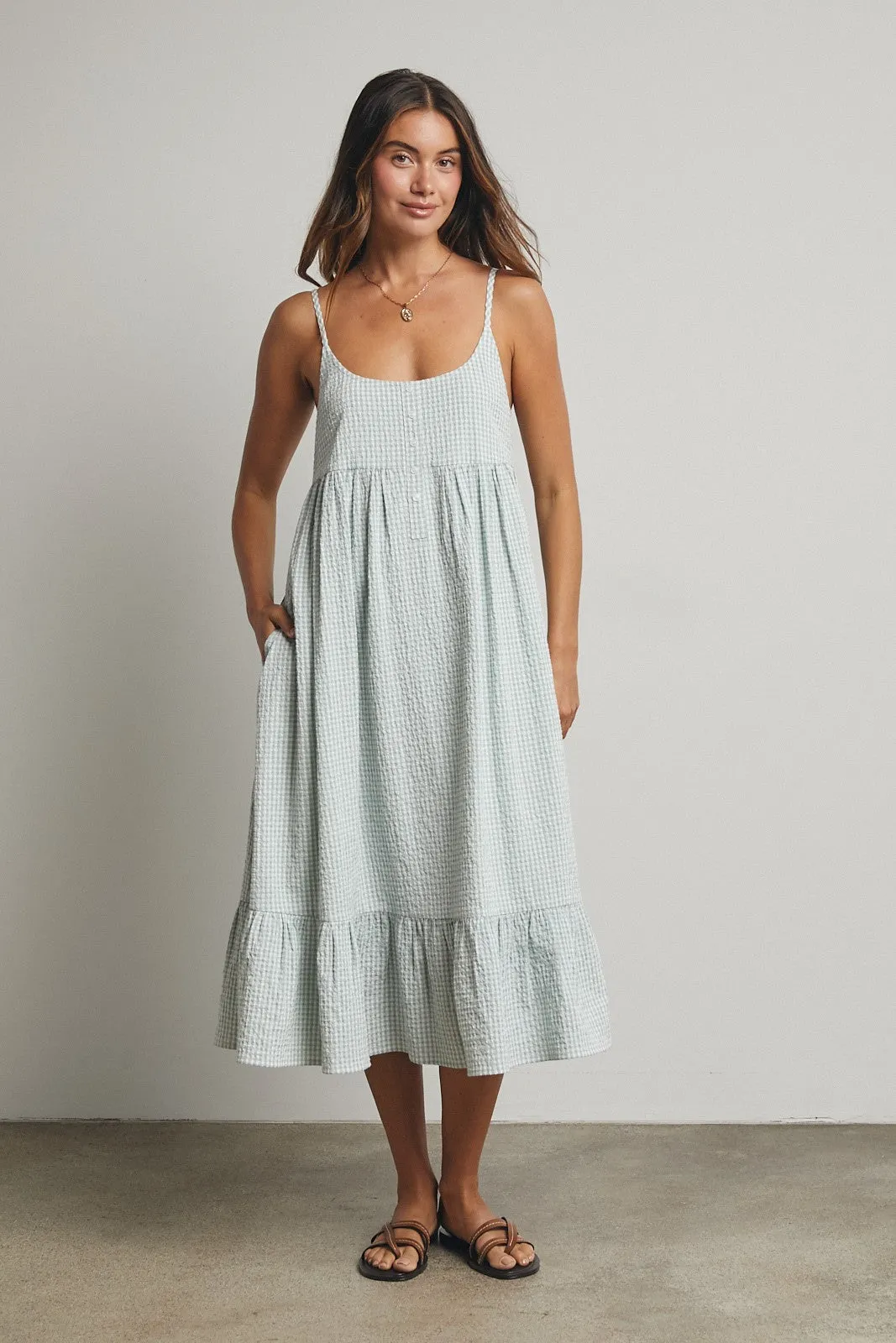 Sage Gingham Sleeveless Midi Dress sold by Pinkblush