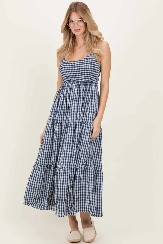 Blue Gingham Sleeveless Tiered Maxi Dress sold by Pinkblush