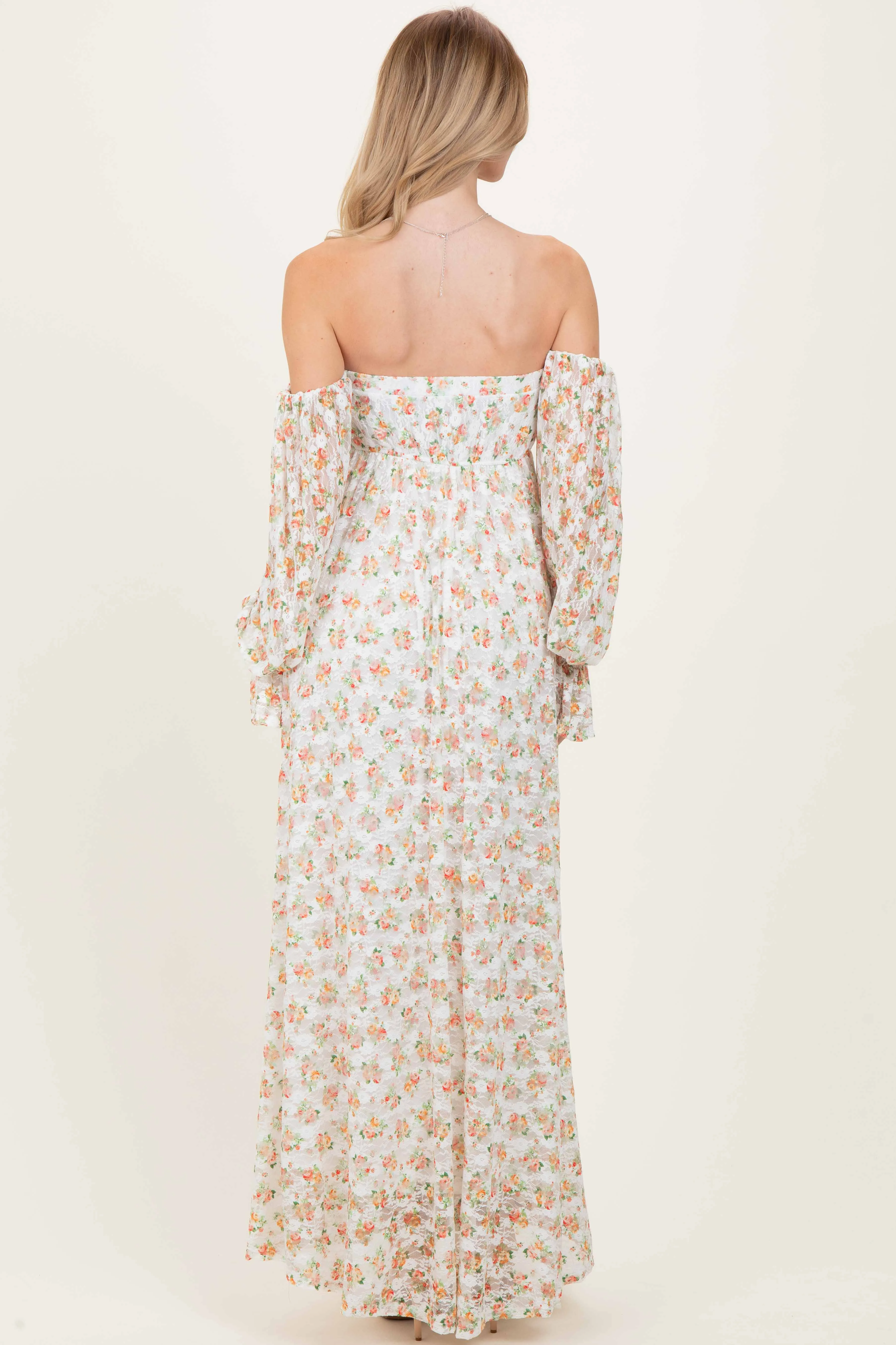 Orange Floral Lace Smocked Long Sleeve Off Shoulder Maxi Dress sold by Pinkblush product image thumbnail 4