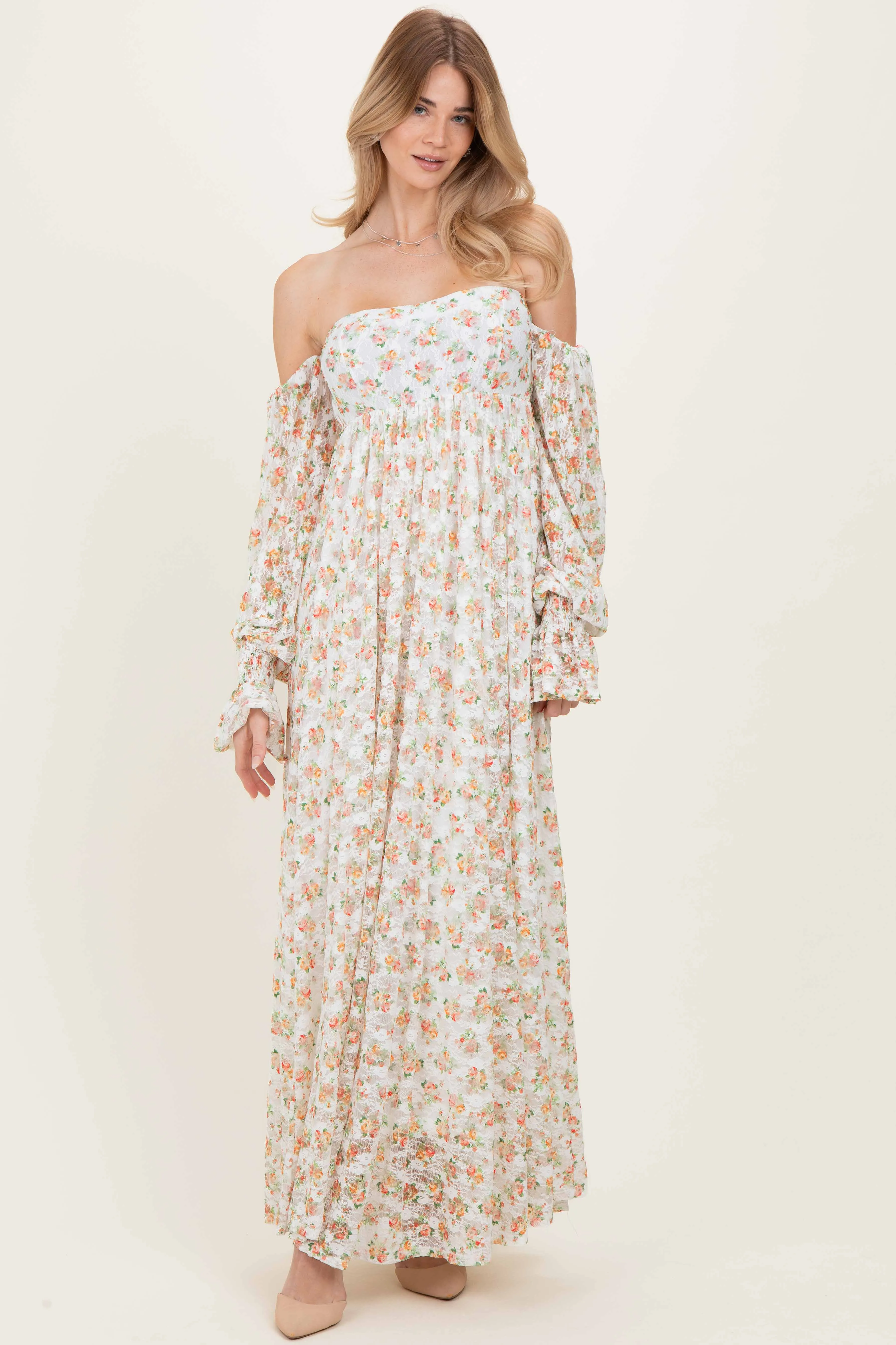 Orange Floral Lace Smocked Long Sleeve Off Shoulder Maxi Dress sold by Pinkblush