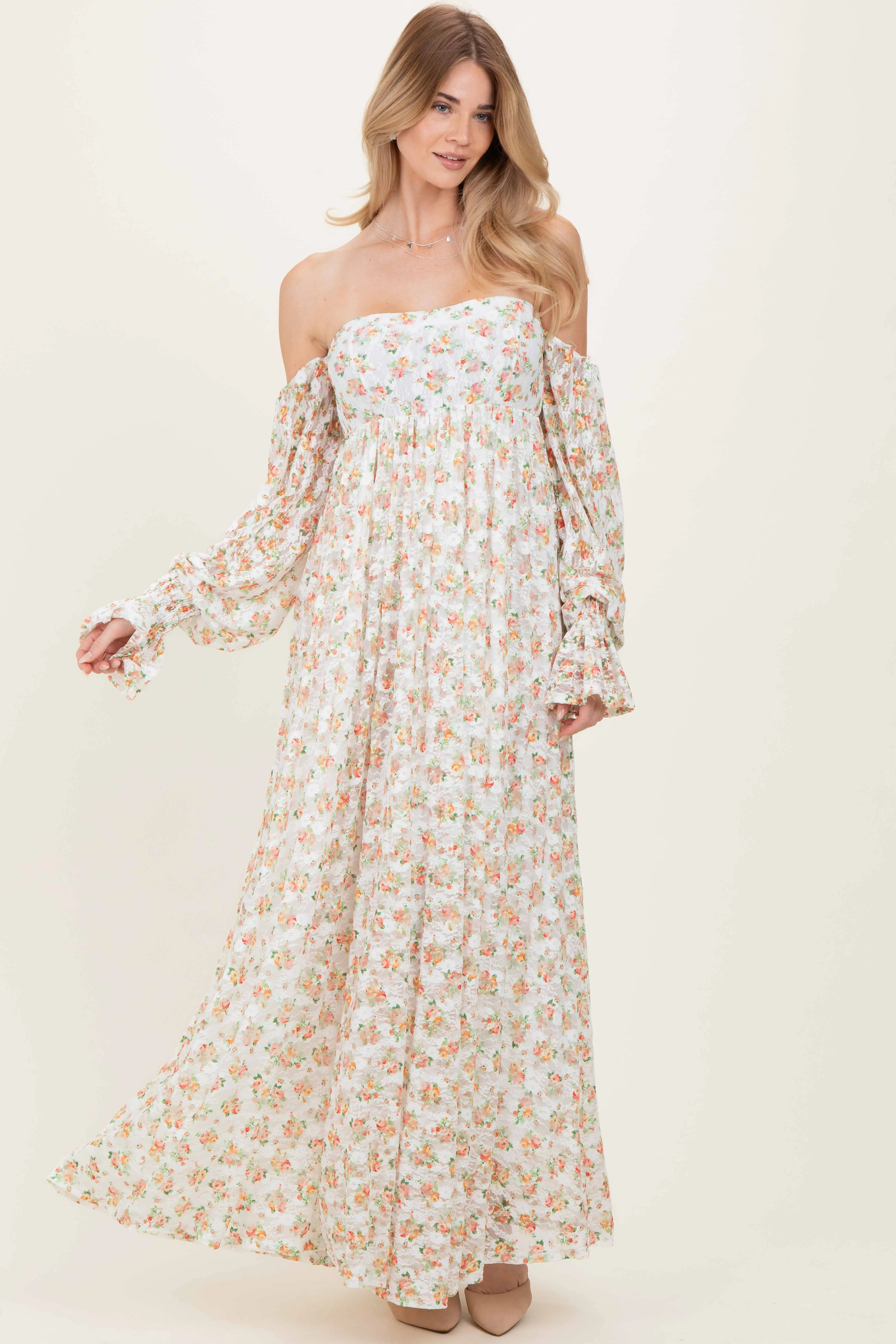 Orange Floral Lace Smocked Long Sleeve Off Shoulder Maxi Dress sold by Pinkblush product image thumbnail 2