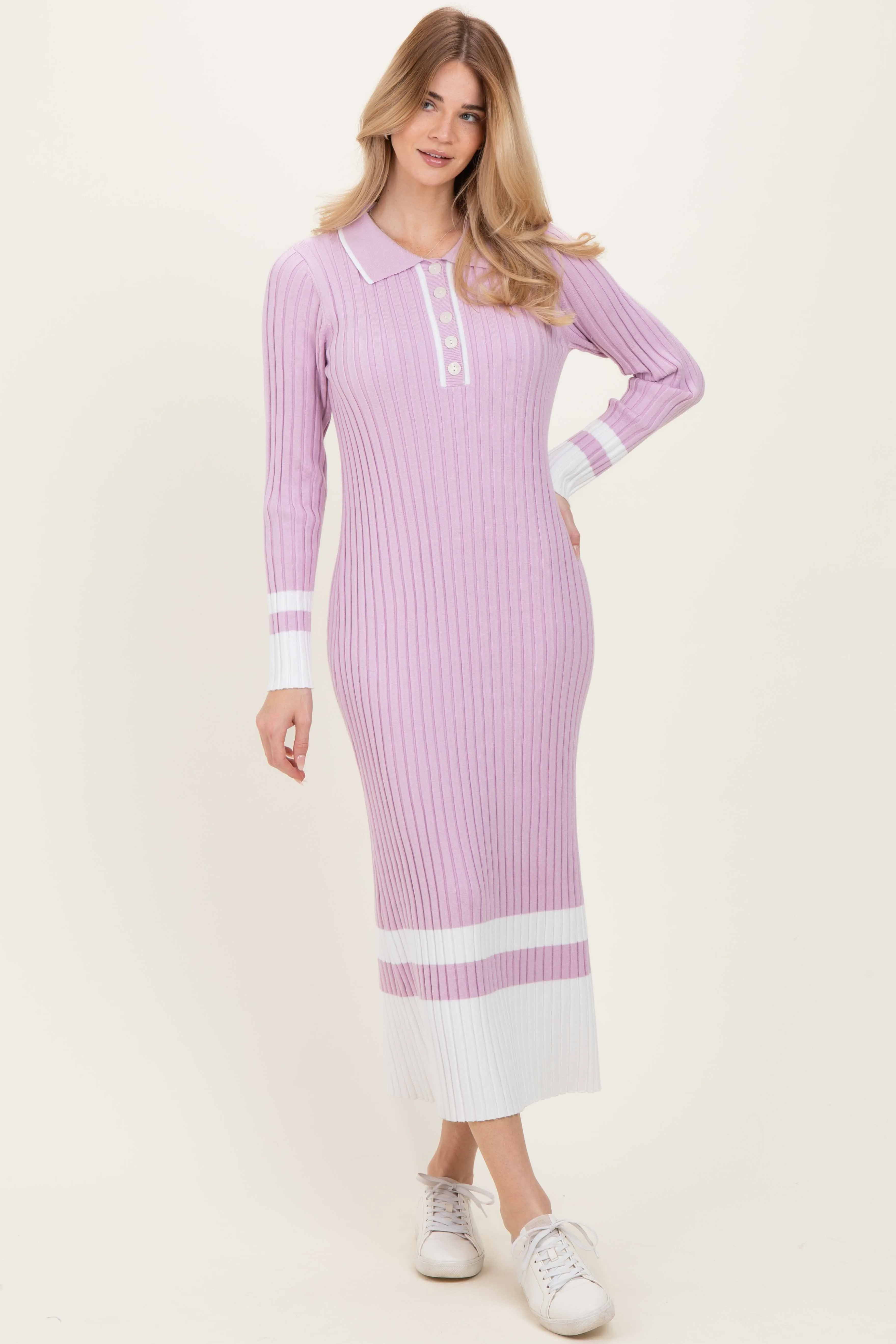 Lavender Ribbed Knit Colorblock Polo Maxi Dress sold by Pinkblush