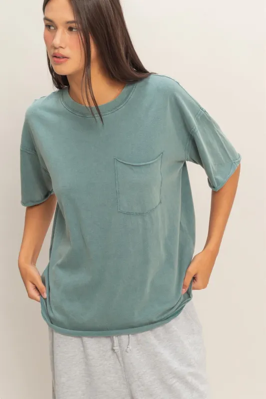 Teal Vintage Wash Raw Edge Pocket T-Shirt made by Pinkblush