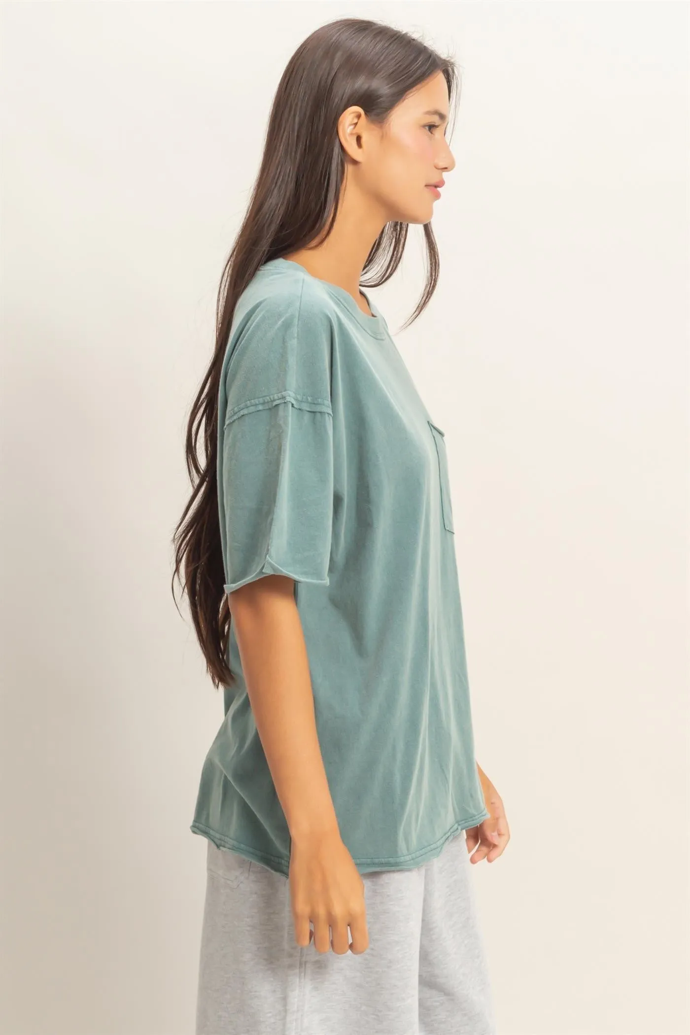Teal Vintage Wash Raw Edge Pocket T-Shirt sold by Pinkblush product image thumbnail 2