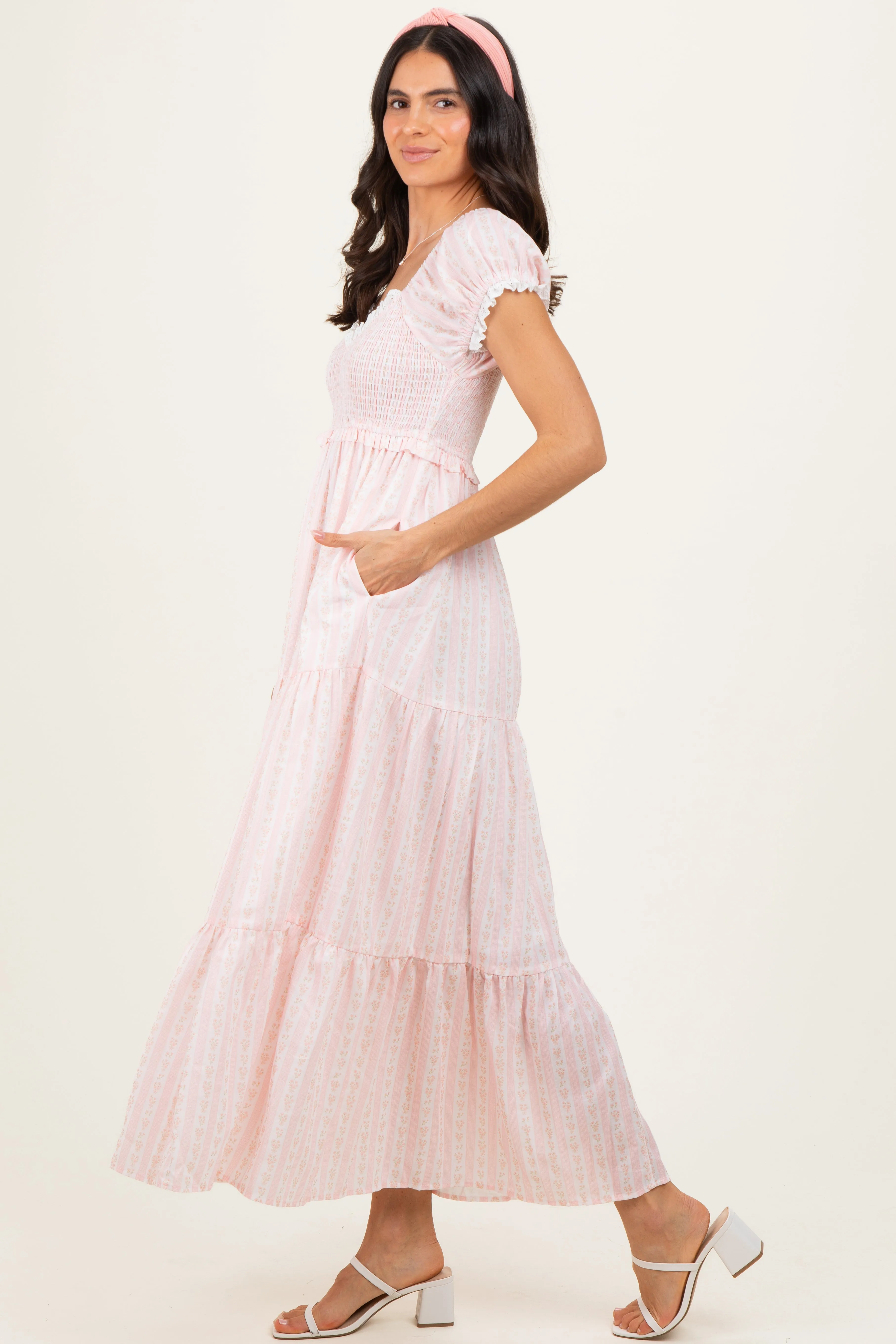 Light Pink Floral Lace Trim Tiered Maxi Dress sold by Pinkblush product image thumbnail 3