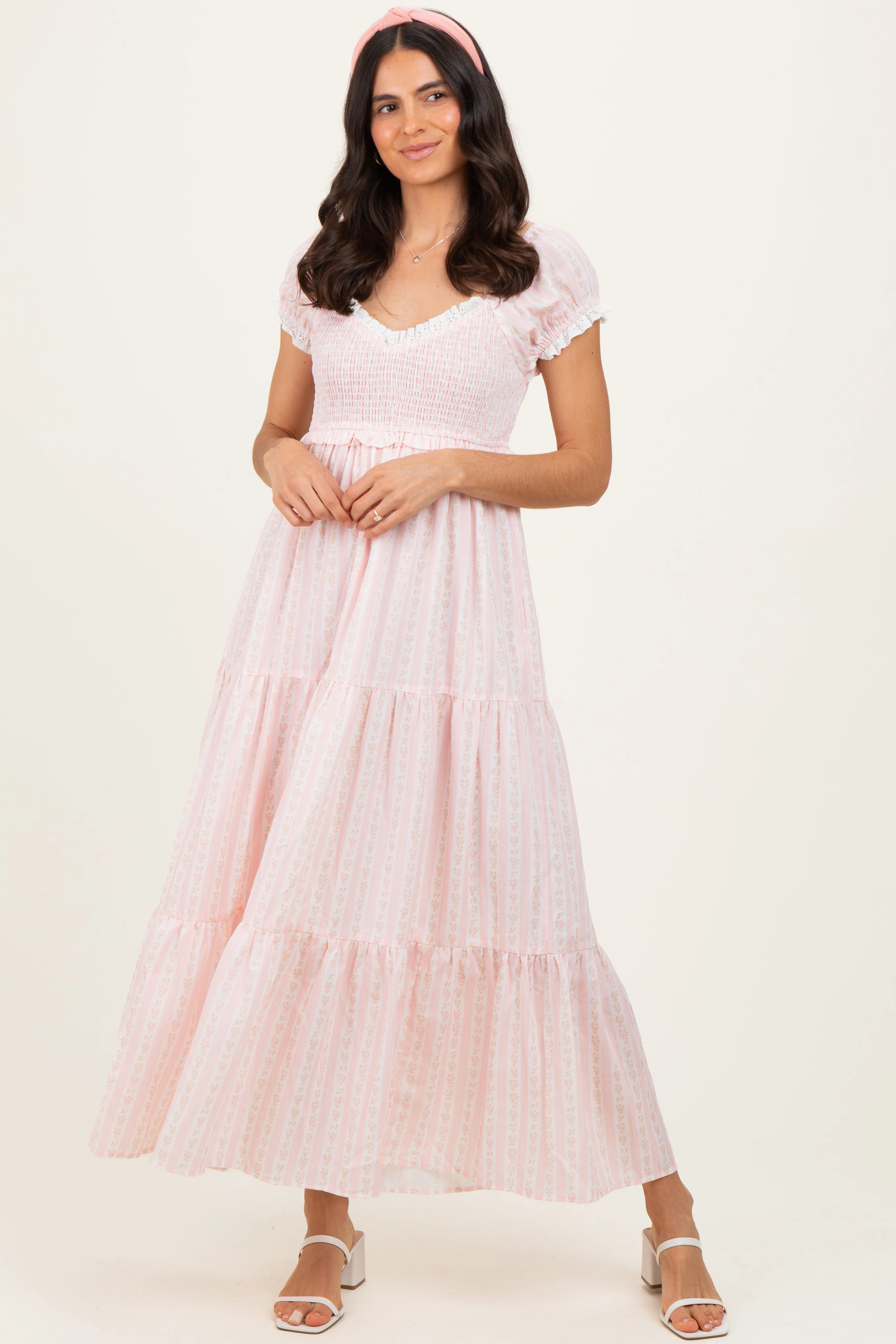 Light Pink Floral Lace Trim Tiered Maxi Dress sold by Pinkblush