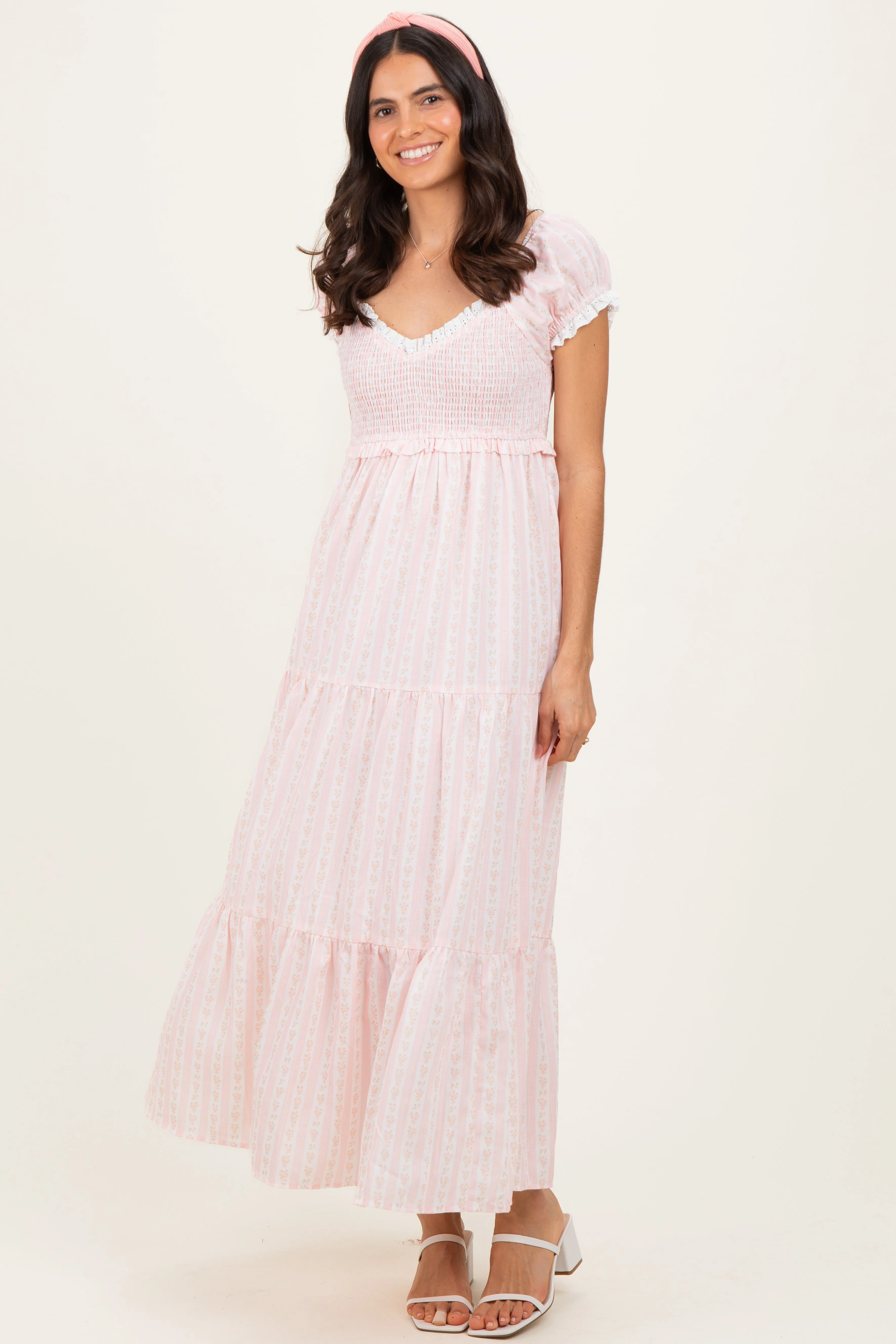 Light Pink Floral Lace Trim Tiered Maxi Dress sold by Pinkblush product image thumbnail 2