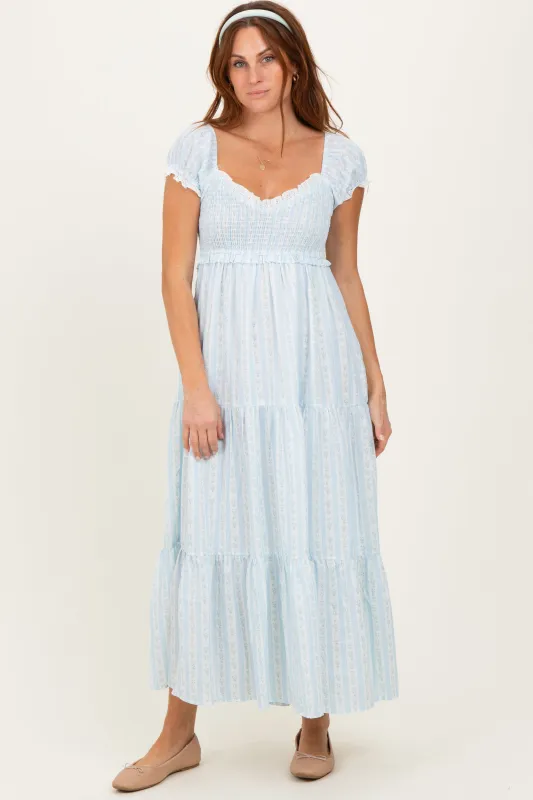 Light Blue Floral Lace Trim Tiered Maxi Dress sold by Pinkblush