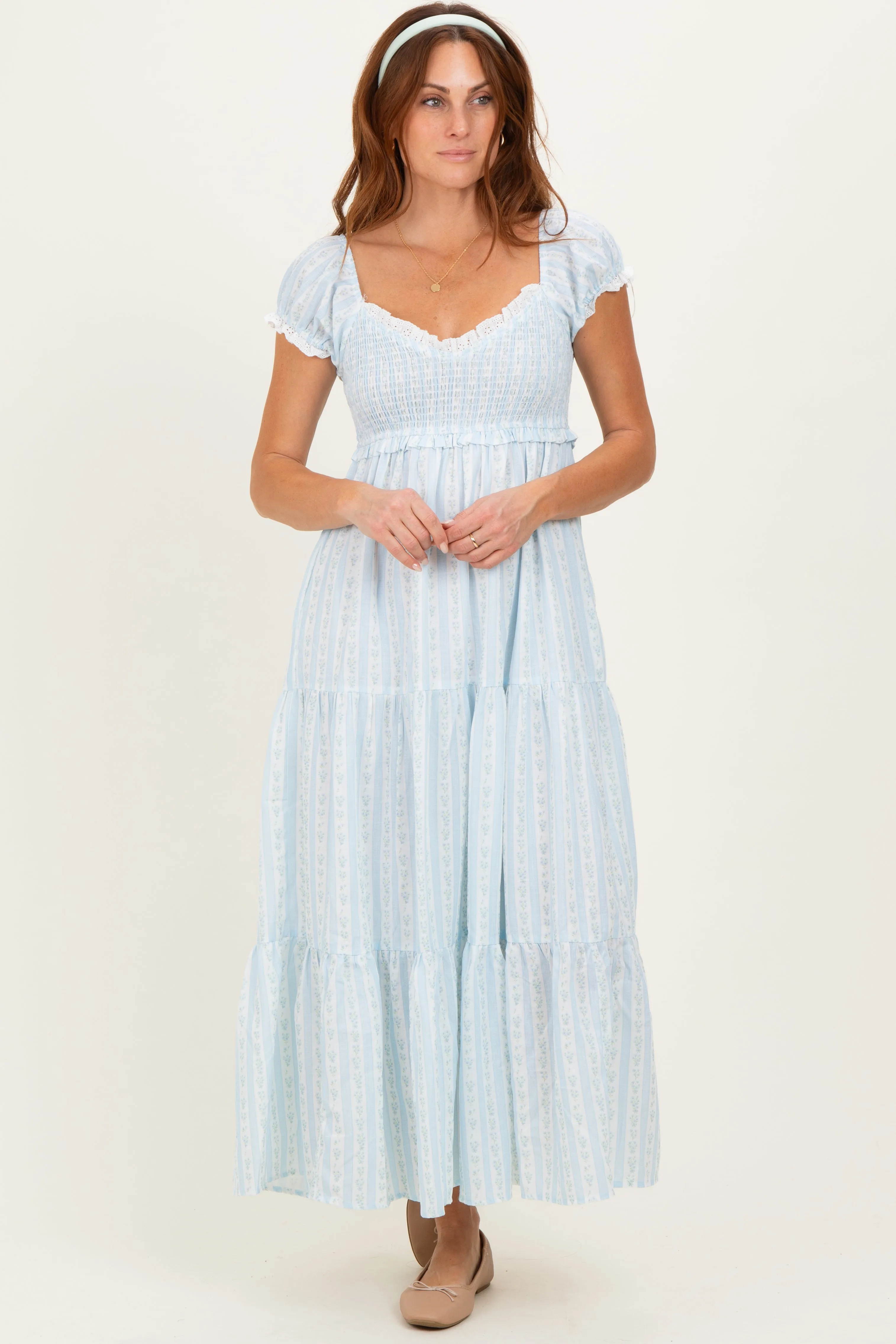 Light Blue Floral Lace Trim Tiered Maxi Dress sold by Pinkblush product image thumbnail 2