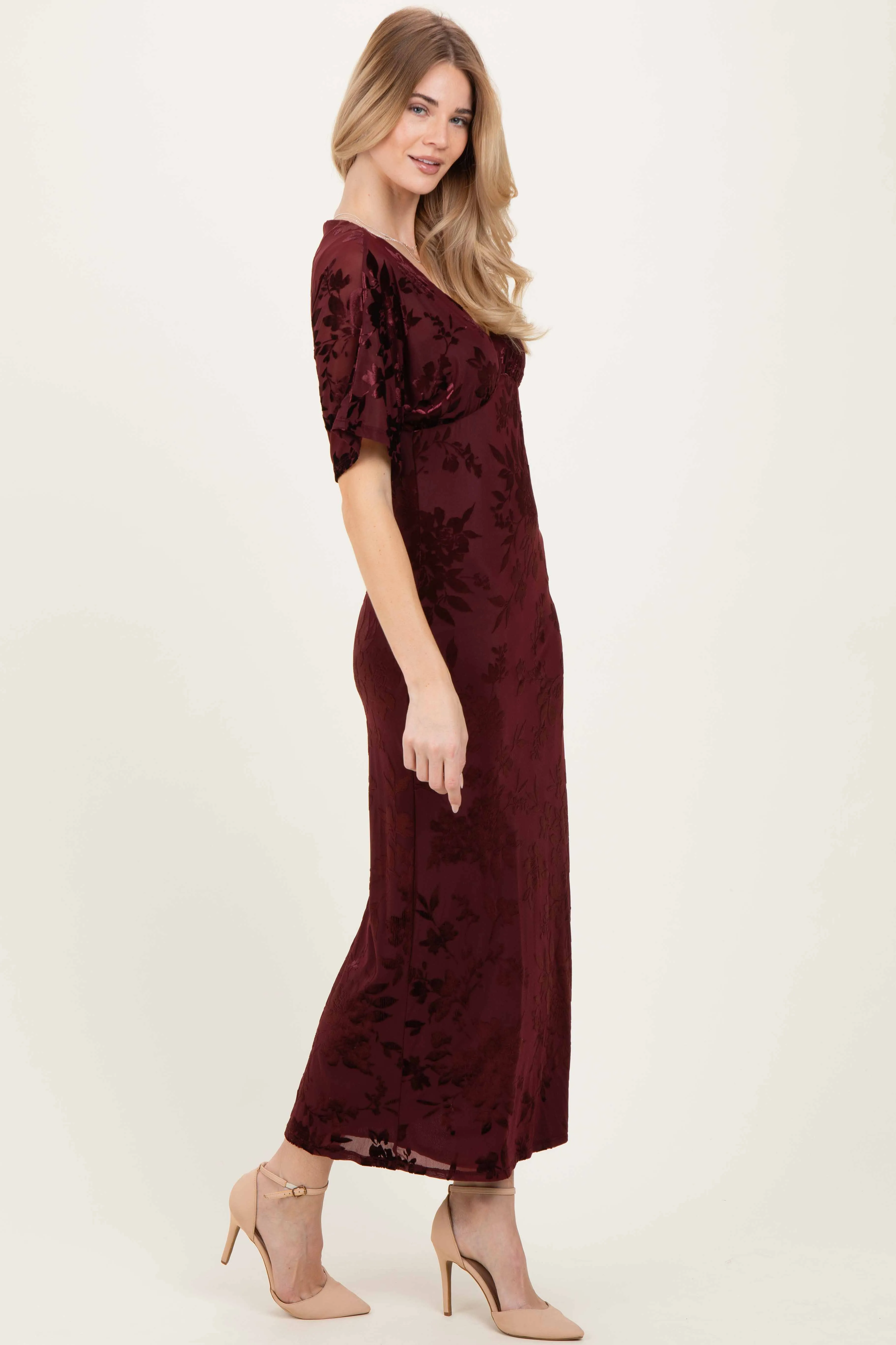 Burgundy Floral Velvet V-Neck Short Sleeve Maxi Dress sold by Pinkblush product image thumbnail 3