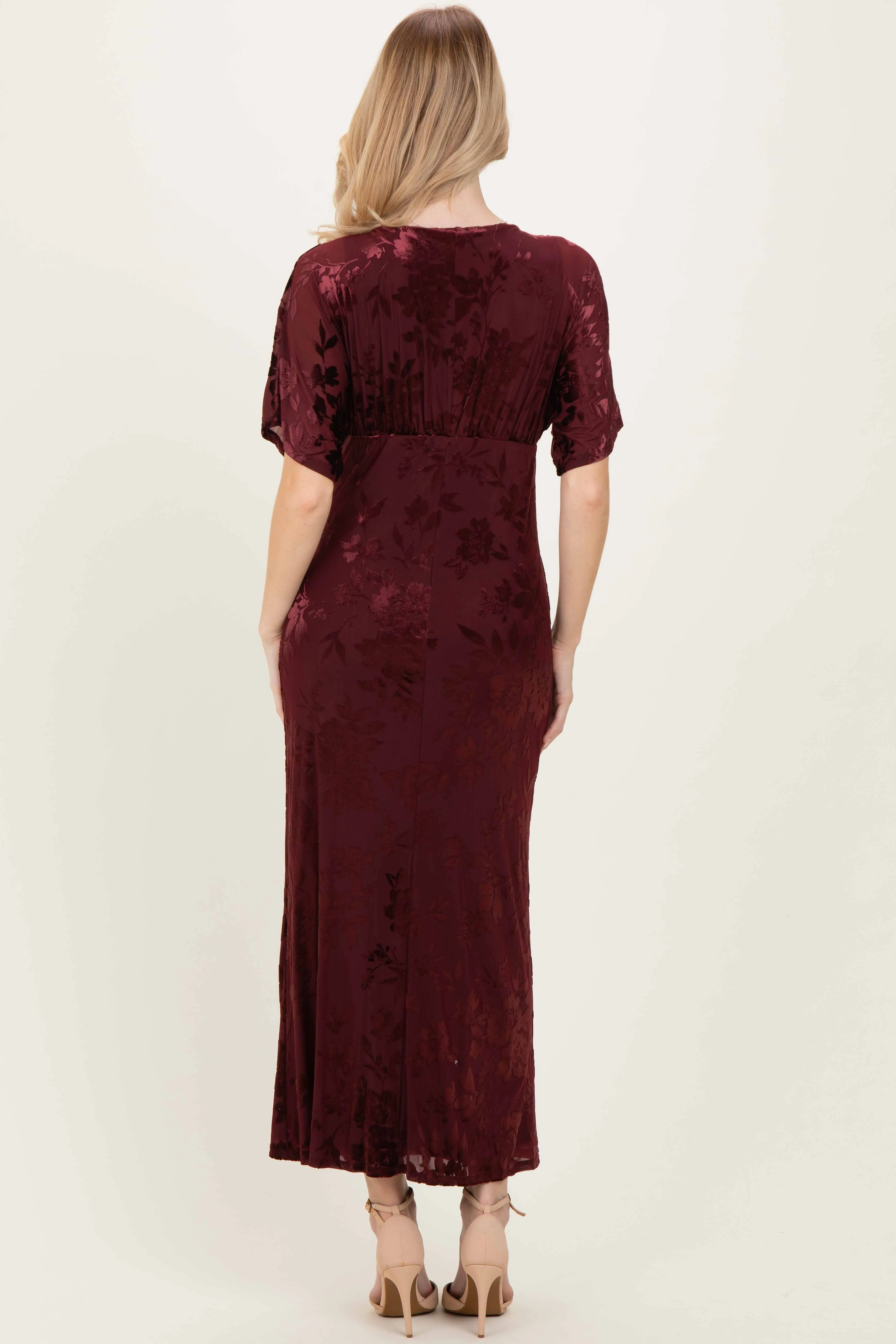 Burgundy Floral Velvet V-Neck Short Sleeve Maxi Dress sold by Pinkblush product image thumbnail 4