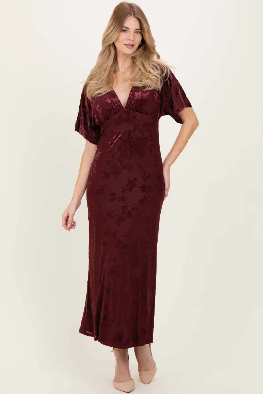 Burgundy Floral Velvet V-Neck Short Sleeve Maxi Dress sold by Pinkblush