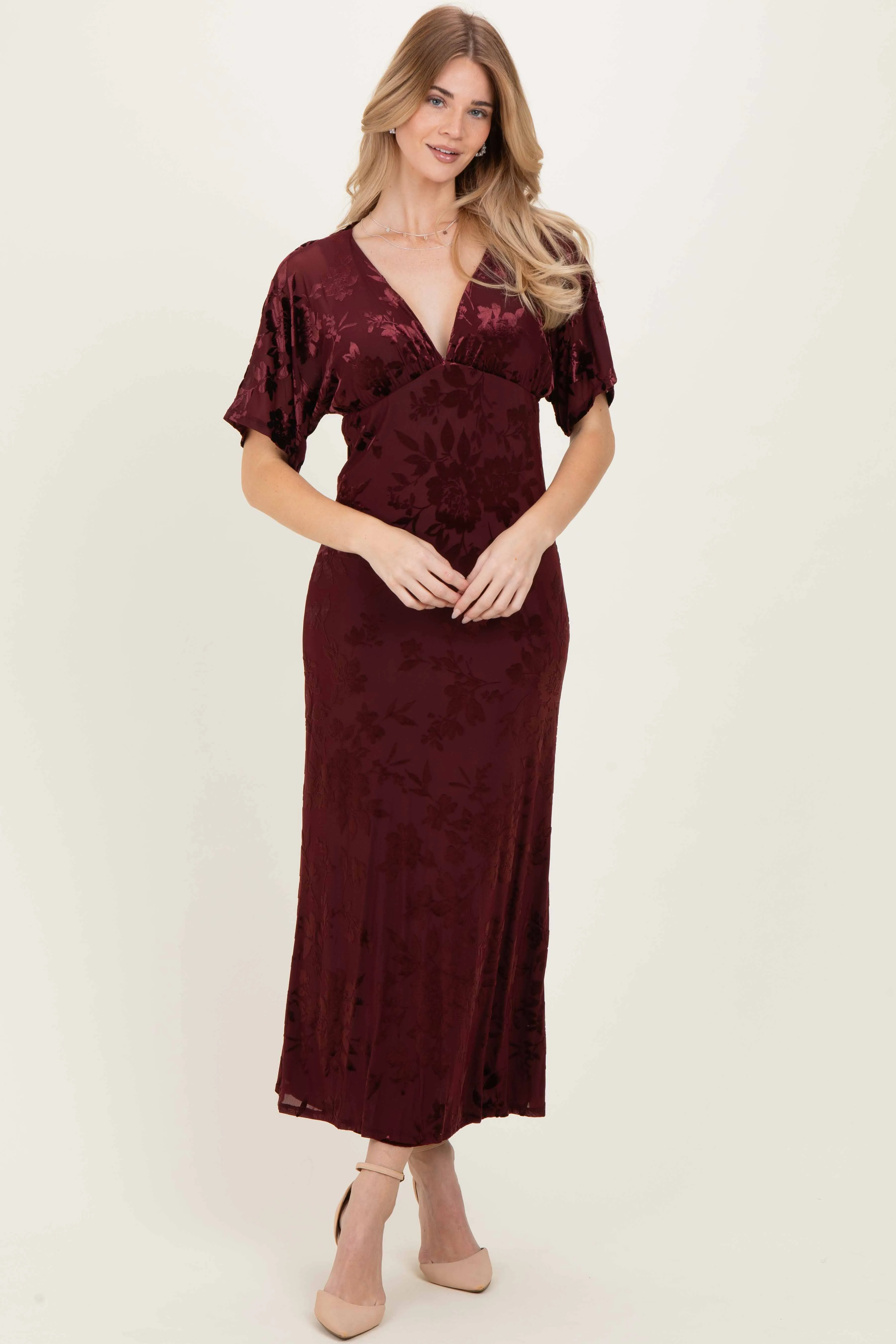 Burgundy Floral Velvet V-Neck Short Sleeve Maxi Dress sold by Pinkblush product image thumbnail 2