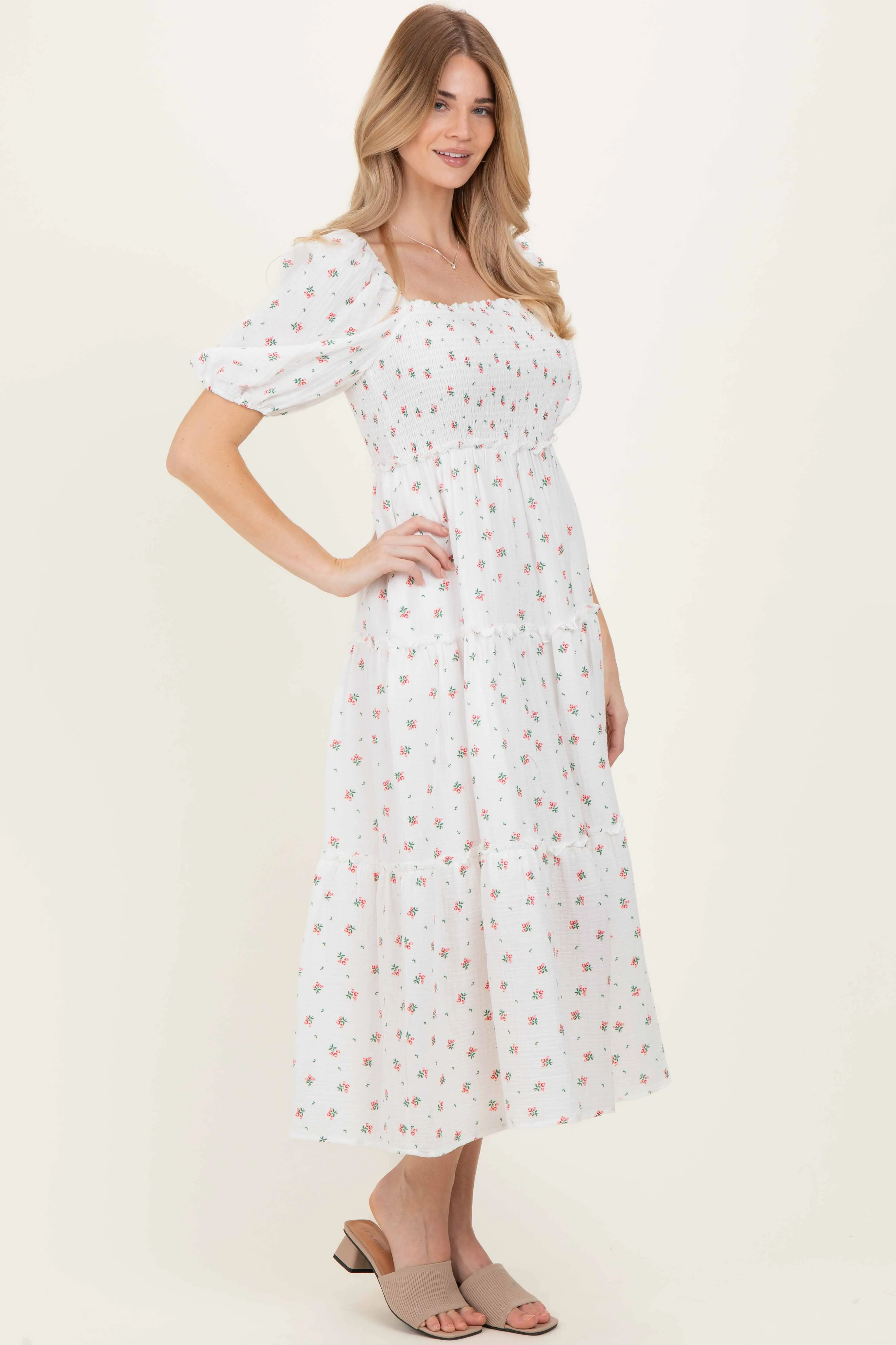 White Floral Puff Sleeve Tiered Maxi Dress sold by Pinkblush product image thumbnail 3